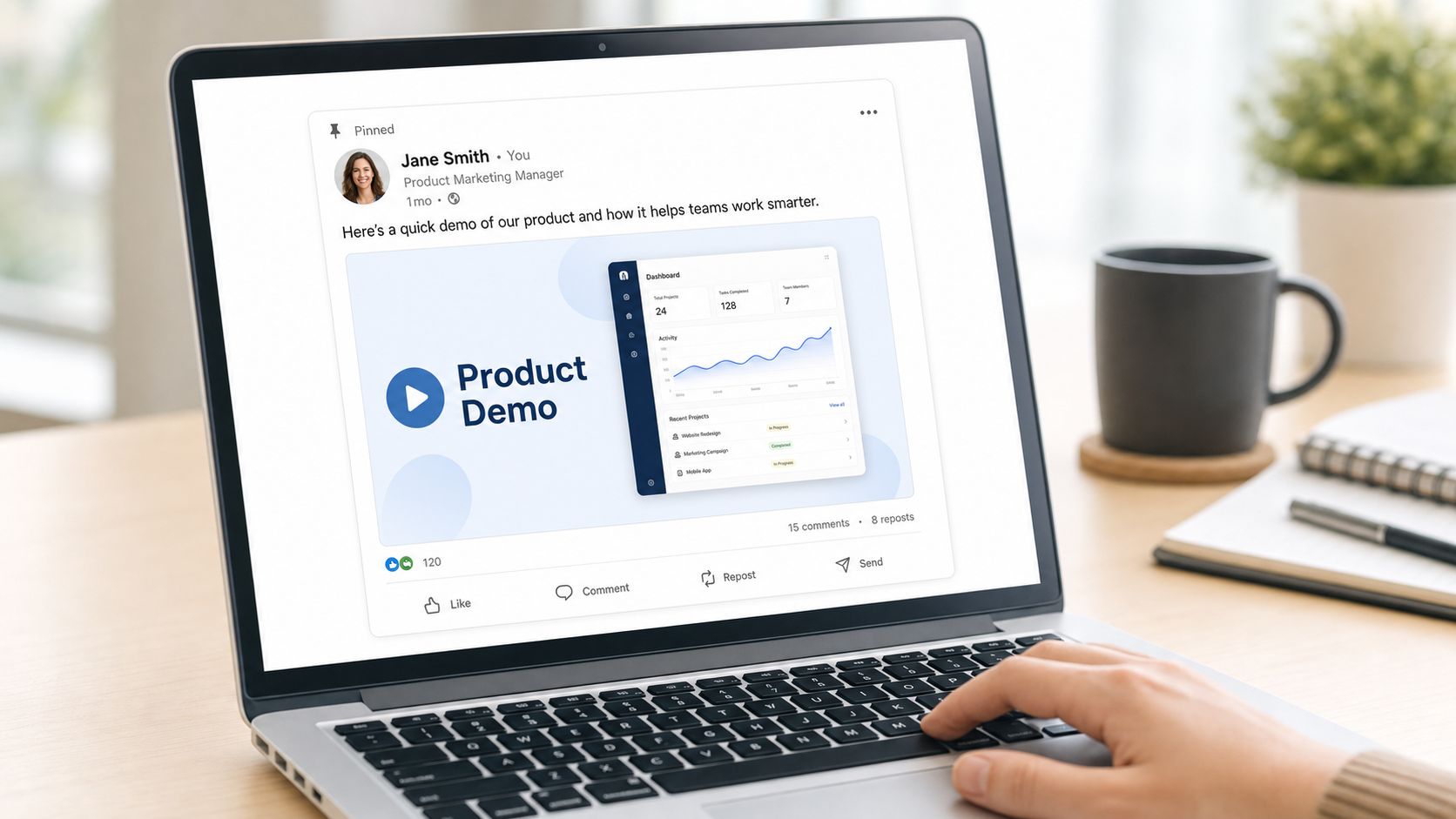 A laptop screen displaying a LinkedIn social media post featuring a product demo video and dashboard.