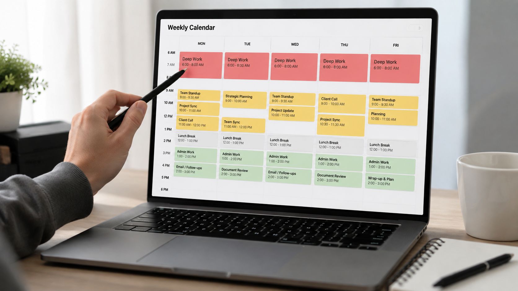 A person using a stylus on a laptop screen displaying a detailed weekly professional calendar schedule.