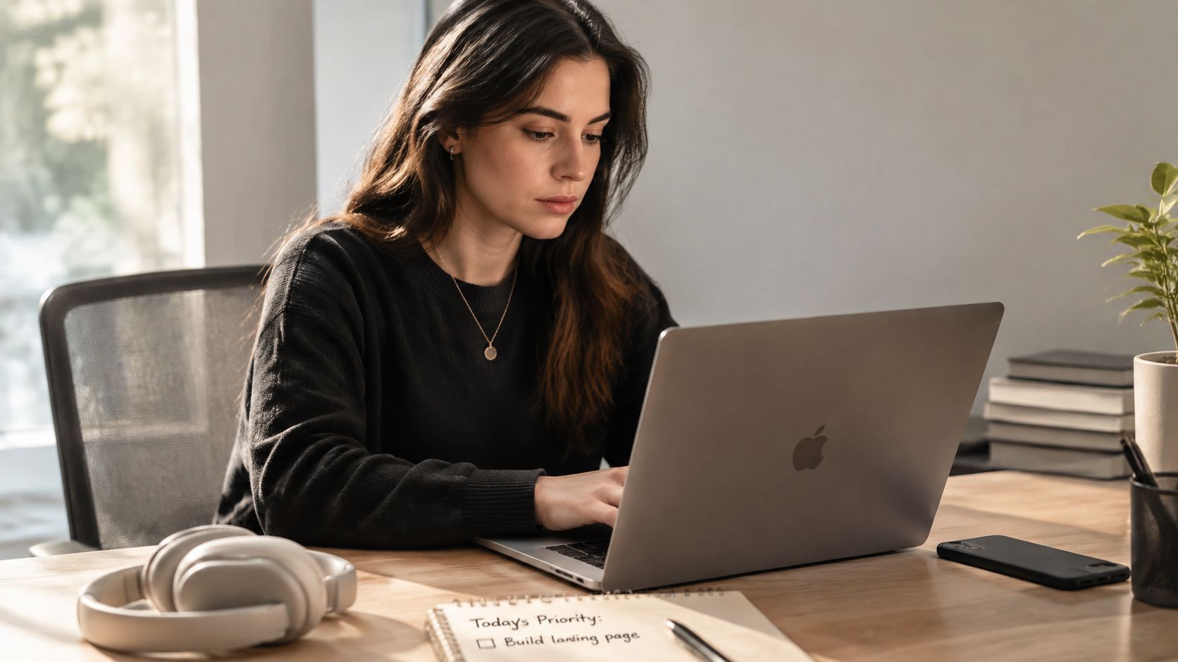 A focused woman working on her laptop in a bright home office while planning her daily tasks.