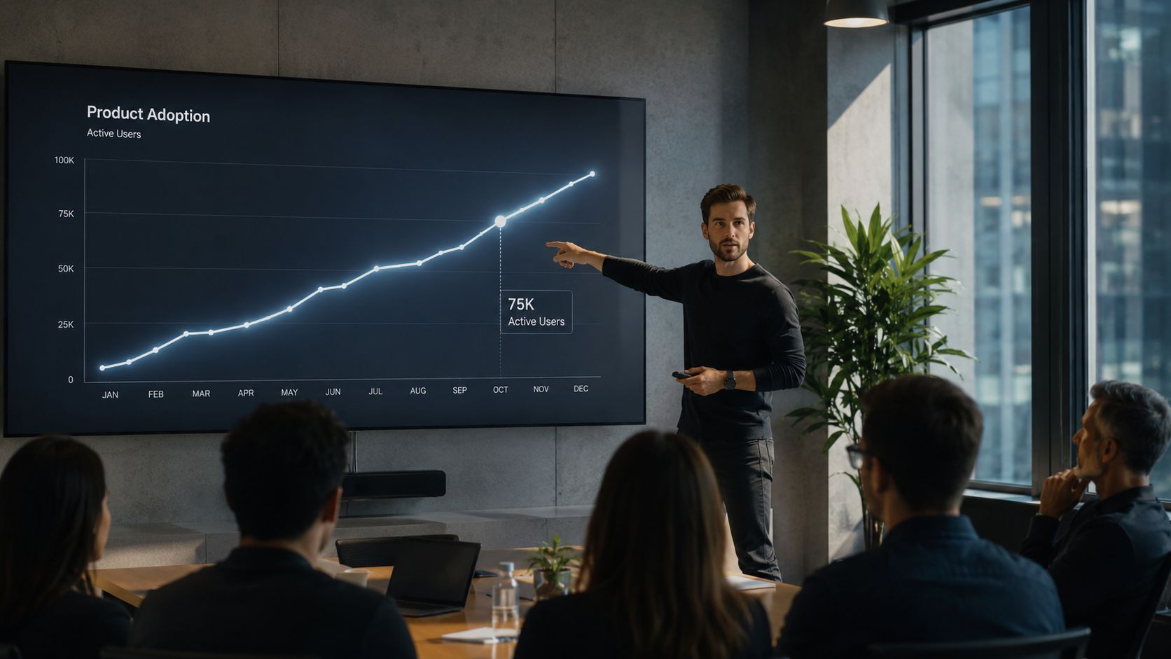 A male presenter gesturing at a screen displaying a product adoption line graph during a business meeting.