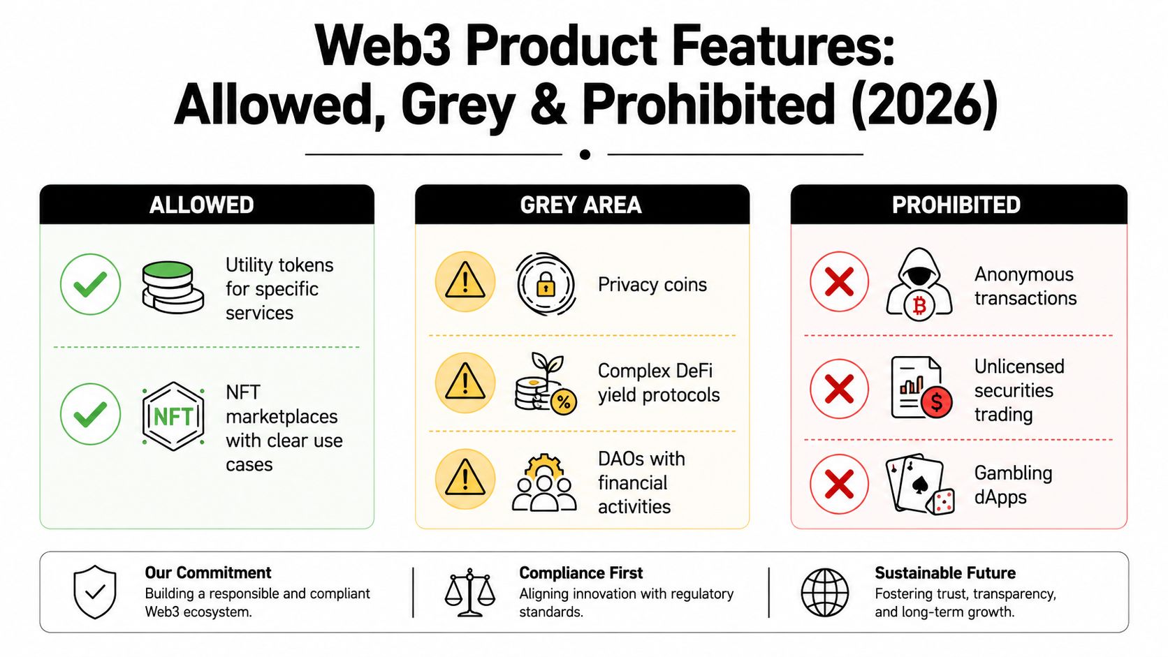 A chart illustrating Web3 product features categorized into allowed, grey area, and prohibited status for 2026.