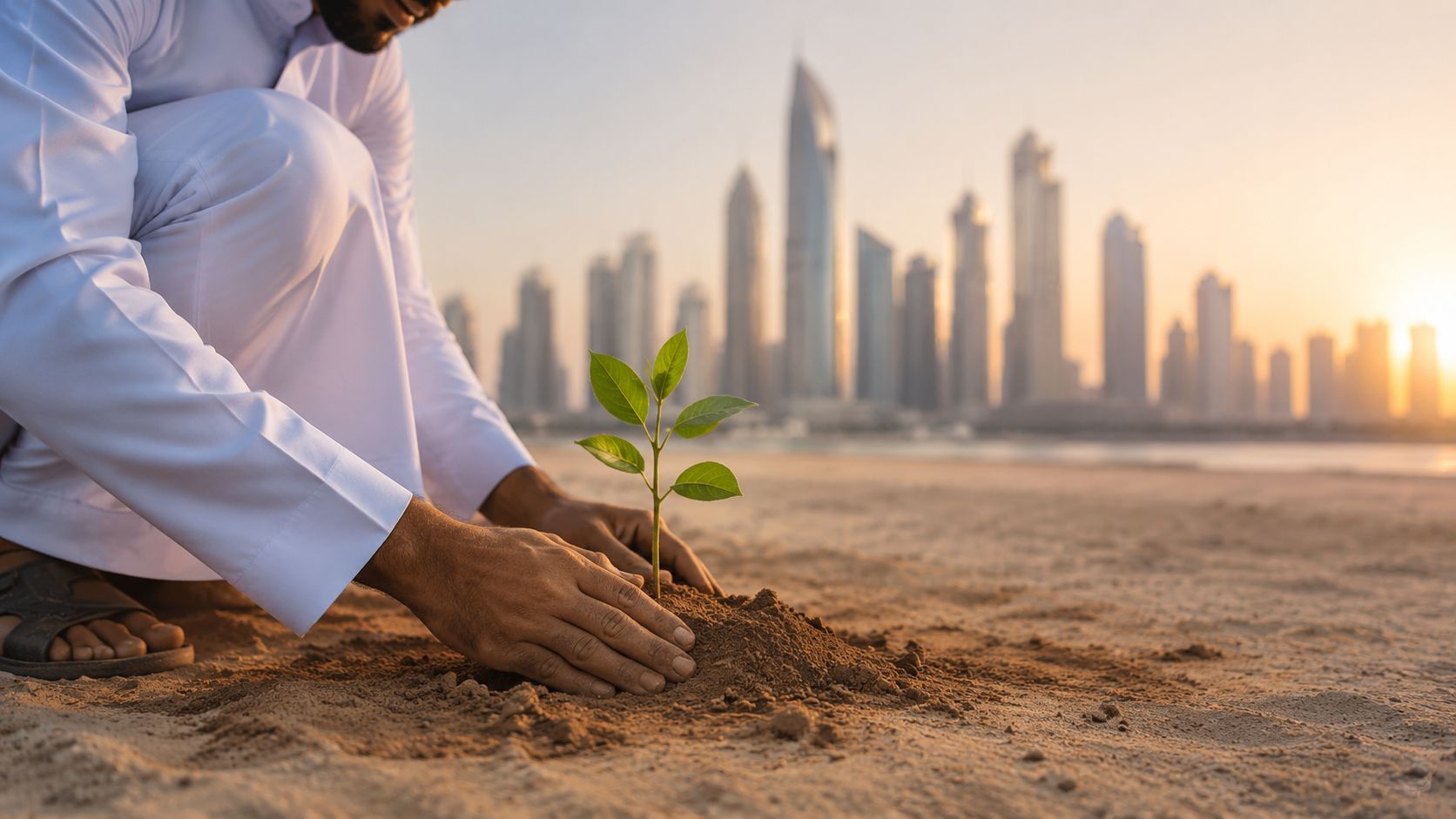 A man in traditional white clothing plants a small sapling in the sand before a city skyline.