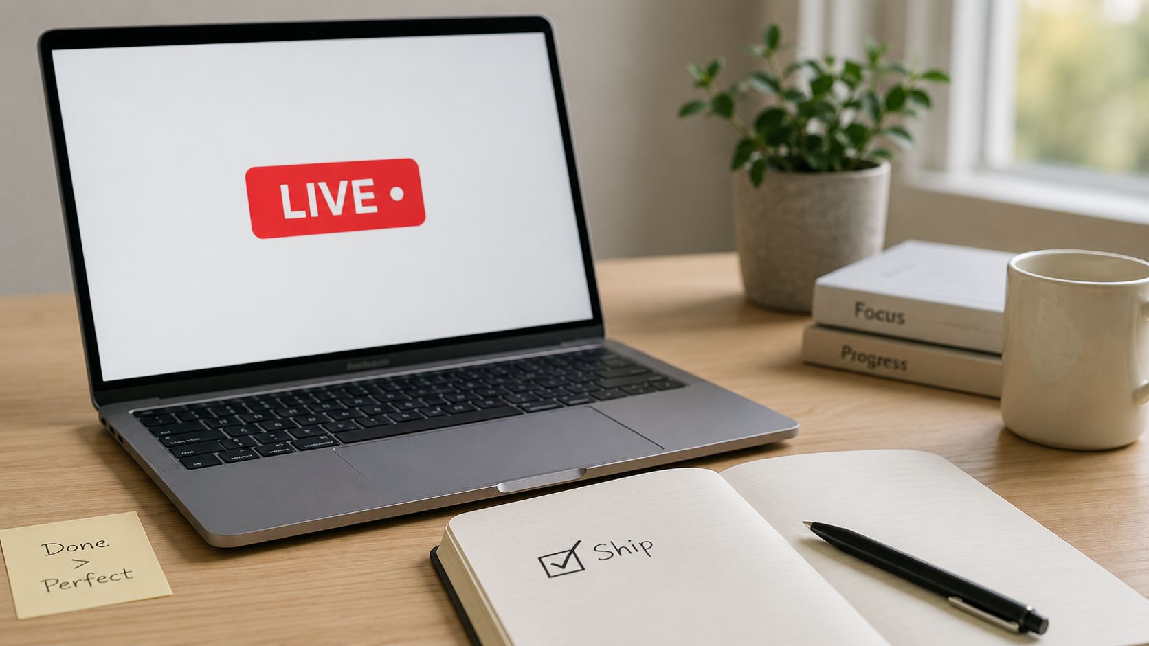 A minimalist home office desk featuring a laptop showing a live icon and an uplifting notebook message.
