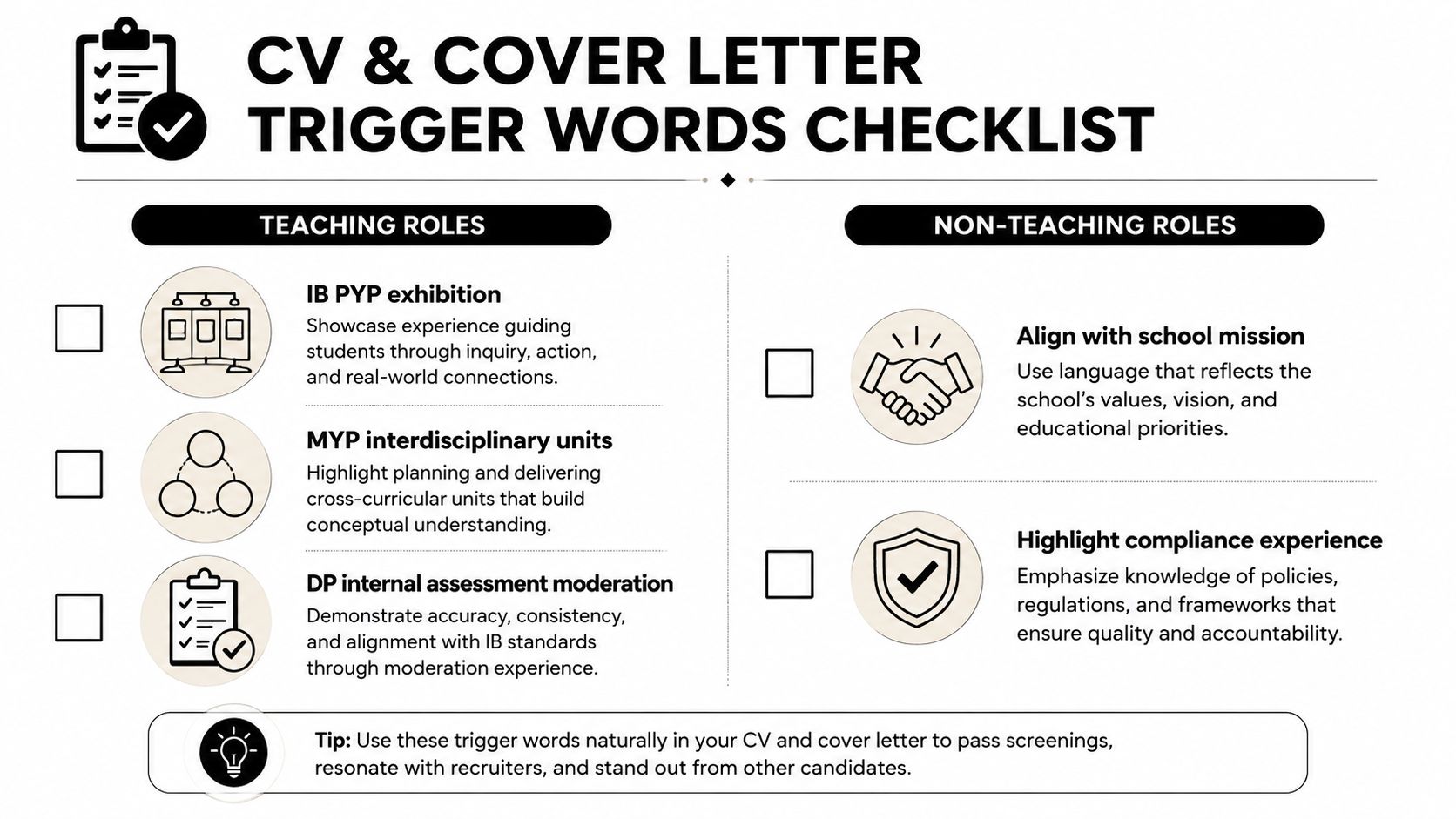 A checklist infographic listing essential trigger words and phrases for teaching and non-teaching career application documents.