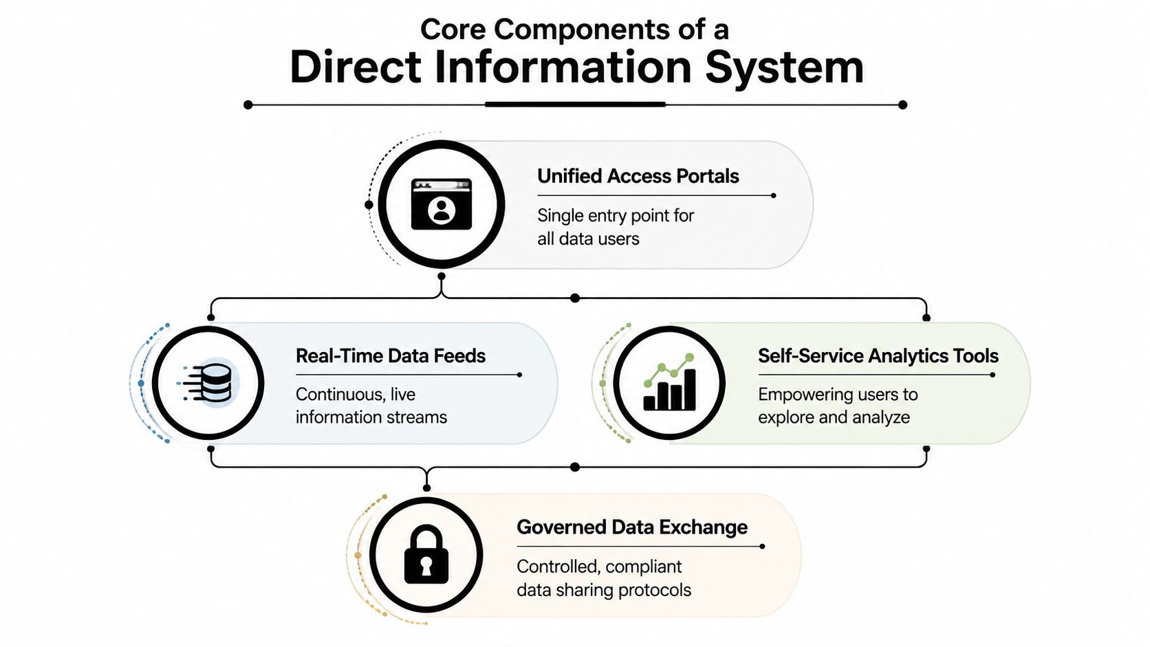 A diagram outlining the four core components of a direct information system including access, feeds, analytics, and governance.