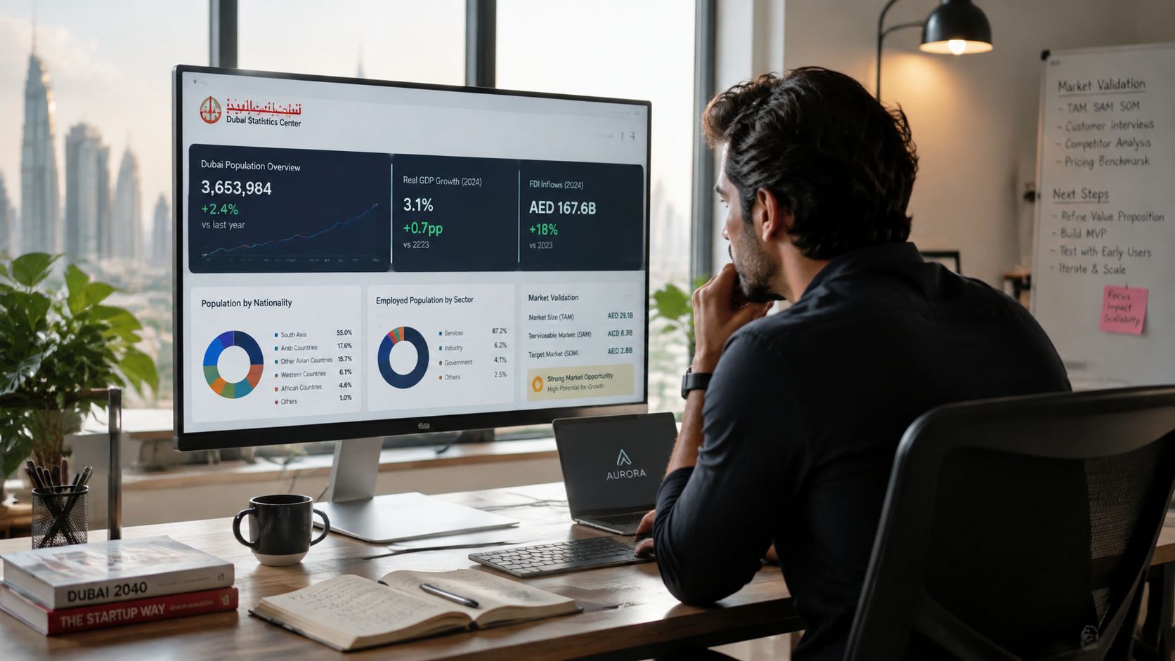 A professional analyzing Dubai economic statistics on a large computer monitor while sitting at a wooden desk.