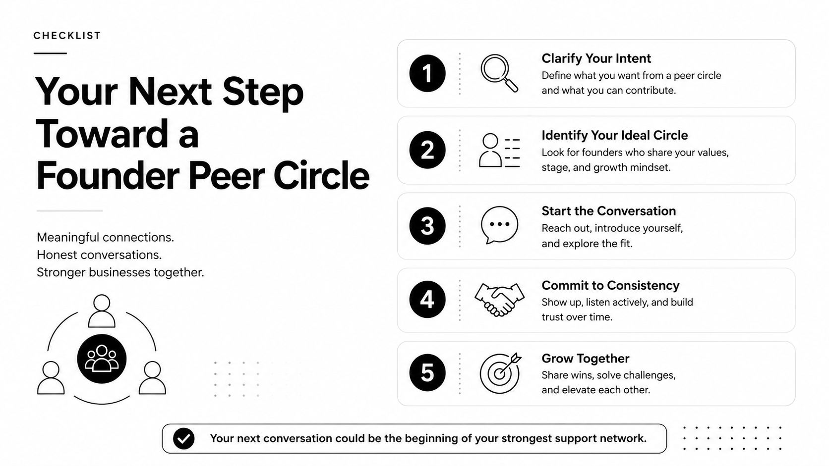 A five-step checklist for building a founder peer circle to create meaningful business connections and support.