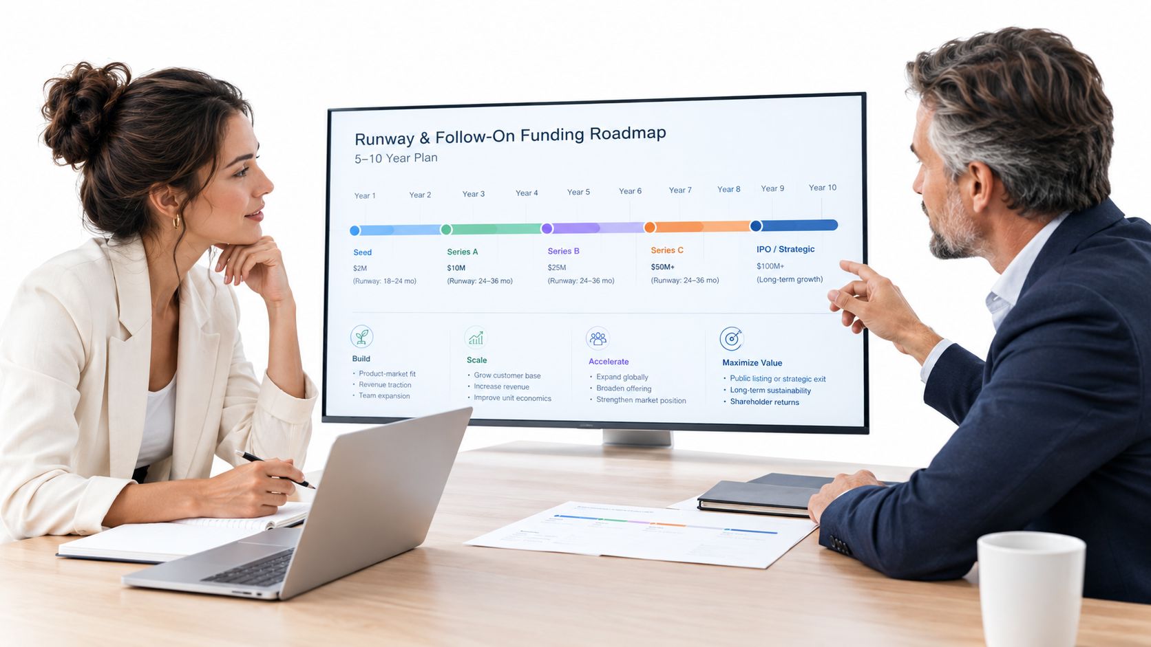 A professional man and woman discussing a ten-year business funding roadmap on a large monitor.