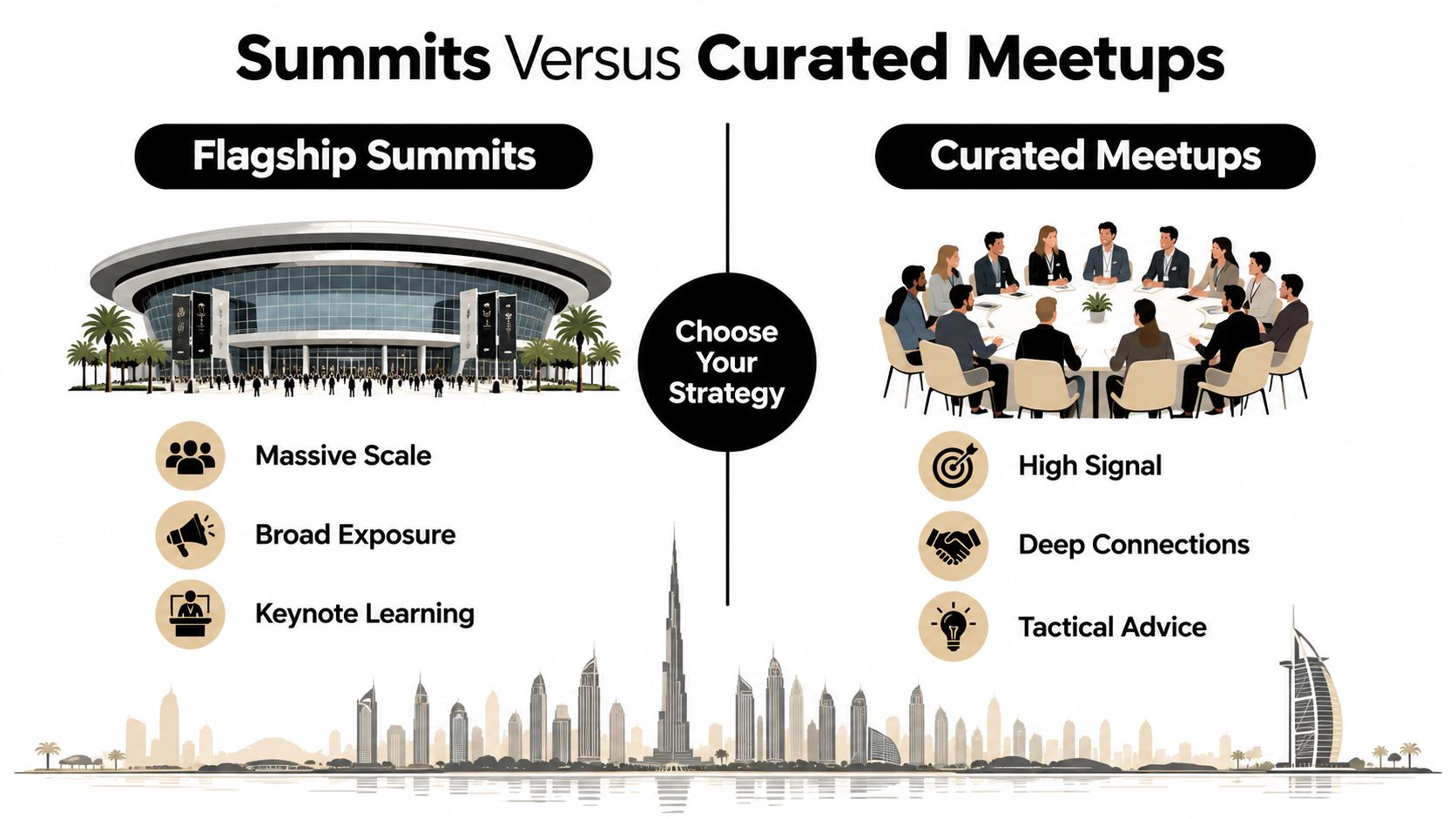 A comparison infographic between flagship summits and curated meetups for business professionals in Dubai city landscape.
