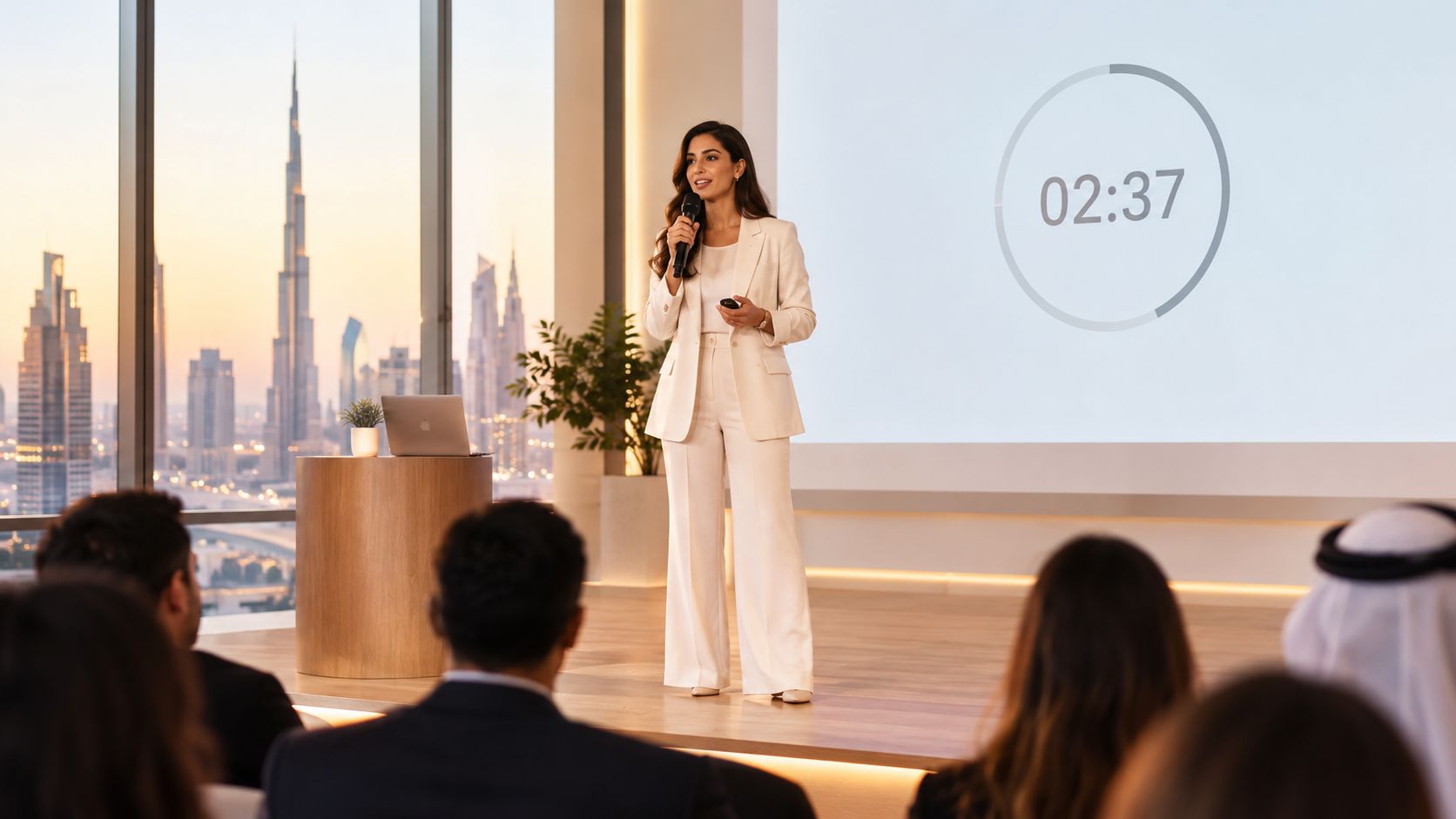A professional woman delivers a presentation on a stage overlooking the Dubai skyline during a corporate event.