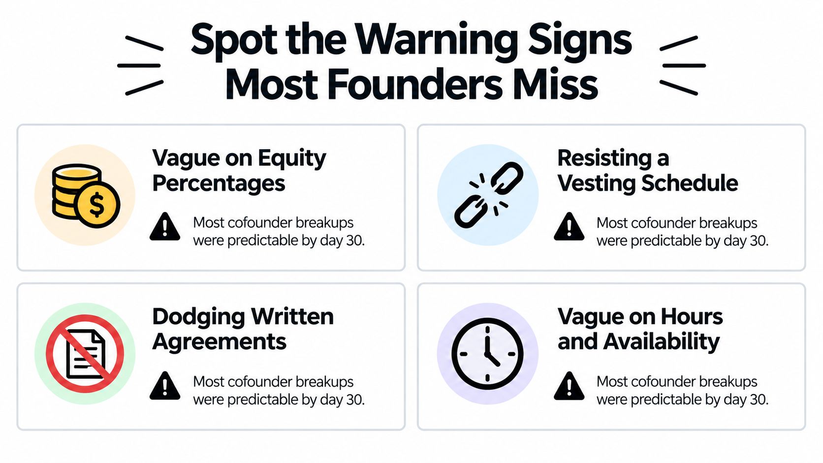 An infographic titled Spot the Warning Signs Most Founders Miss listing four key cofounder red flags.