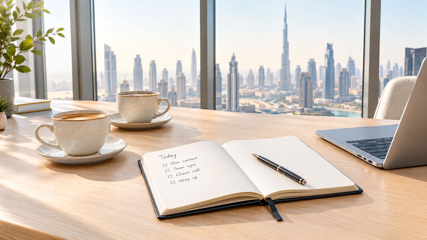 A professional desk workspace overlooking the Dubai skyline with a laptop, notebook, and coffee cups.
