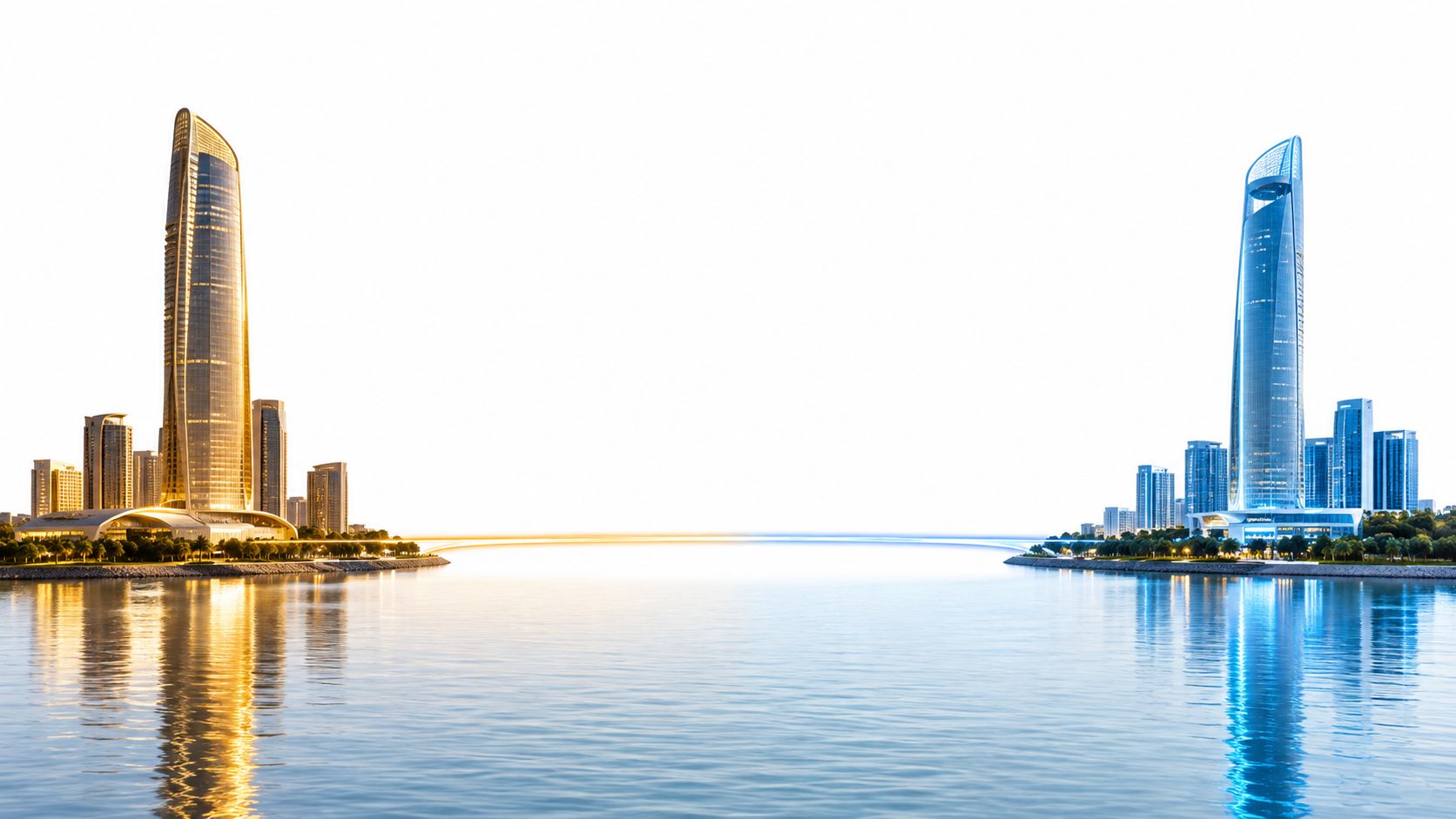 A modern futuristic skyline in the UAE featuring golden and blue illuminated skyscrapers across a calm waterfront.