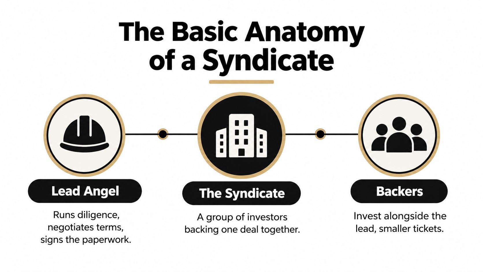An infographic titled The Basic Anatomy of a Syndicate displaying the roles of the Lead Angel, Syndicate, and Backers.