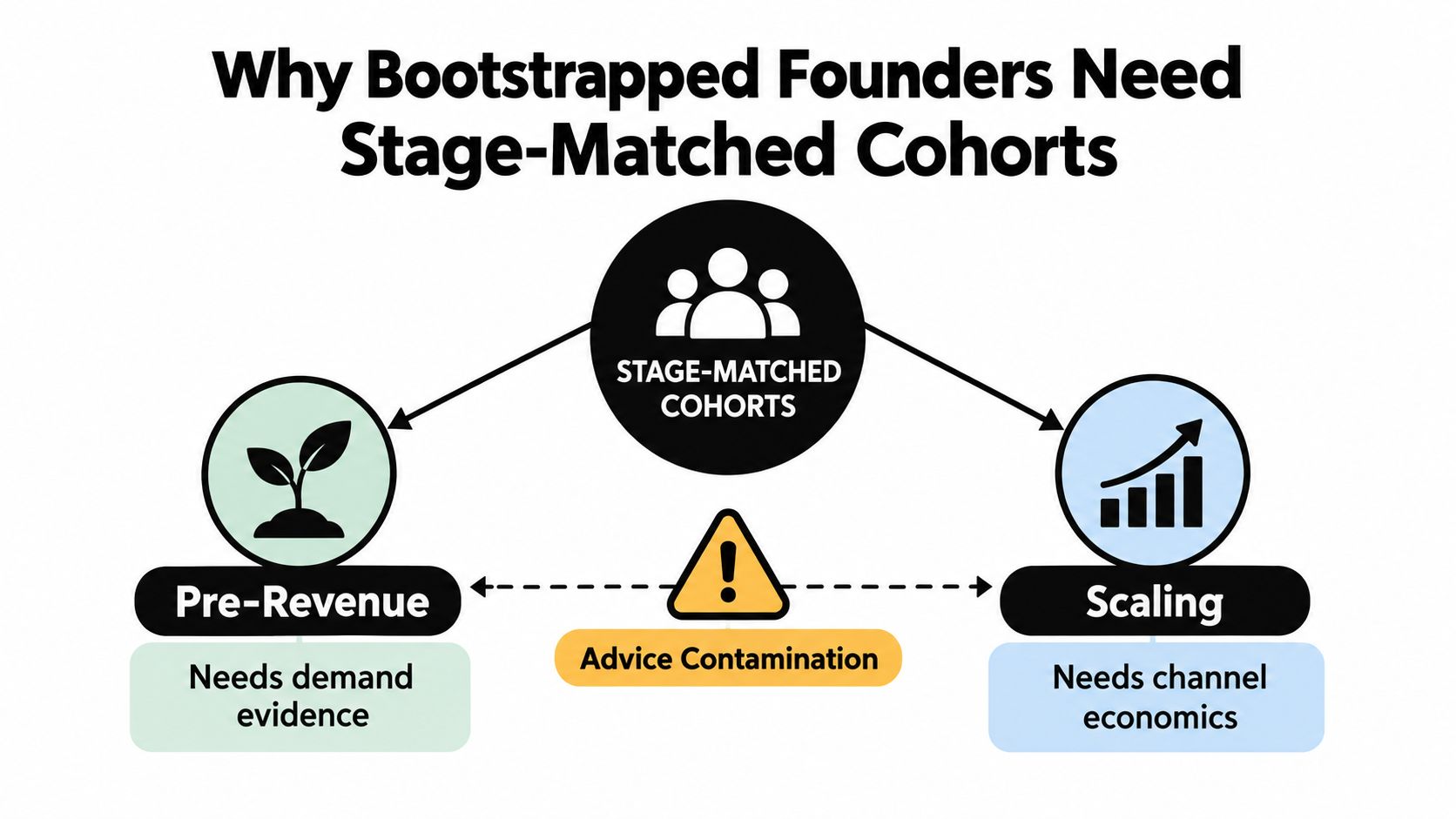 A diagram explaining why bootstrapped founders benefit from stage-matched cohorts, highlighting advice contamination between pre-revenue and scaling stages.