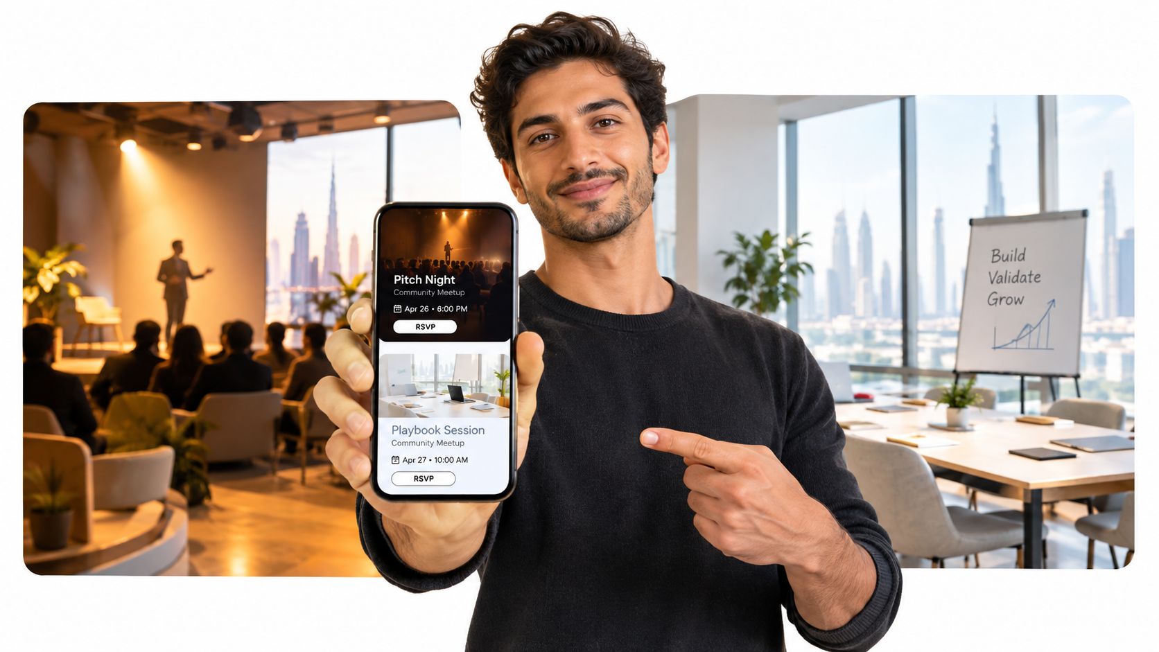 A young man holding a smartphone displaying event details while pointing at a corporate meeting room background.