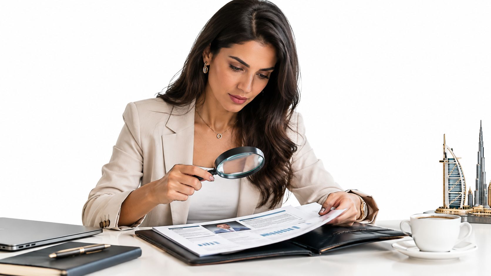 A professional woman in a blazer uses a magnifying glass to carefully examine a business document.