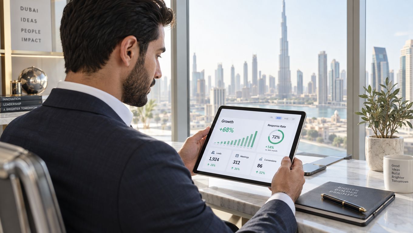 A businessman in a suit reviewing business growth analytics on a tablet with a Dubai skyline view.