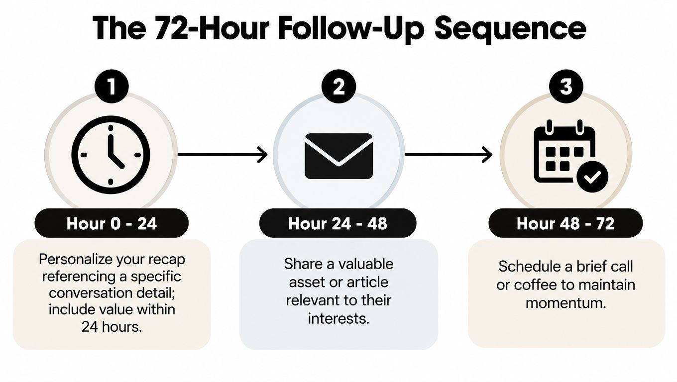 A 3-step guide illustration showing how to conduct a professional follow-up sequence within 72 hours.
