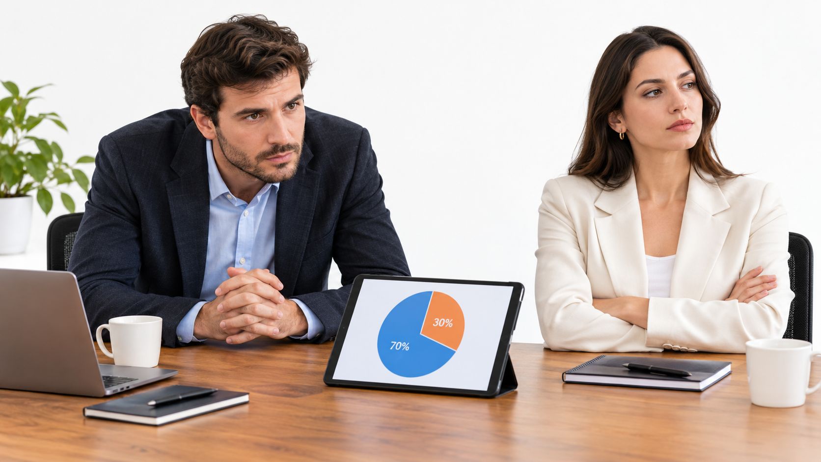 A professional man and woman sitting at a table with a tablet displaying a pie chart.