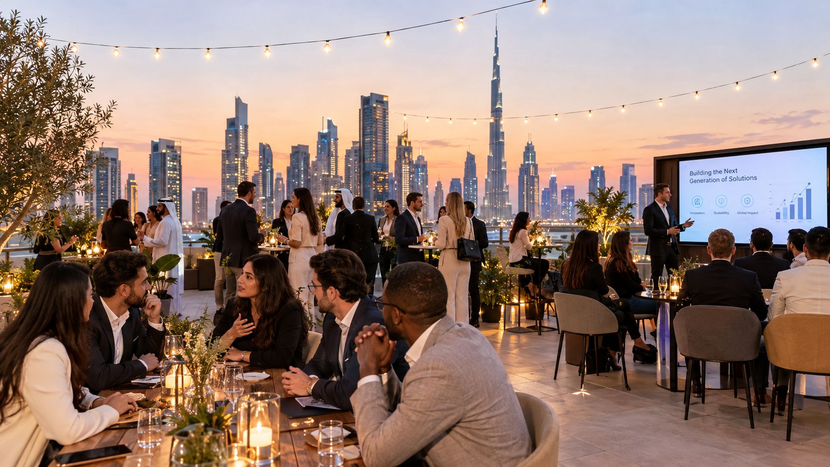 Professionals networking and attending a business presentation at an outdoor rooftop event overlooking the Dubai skyline.