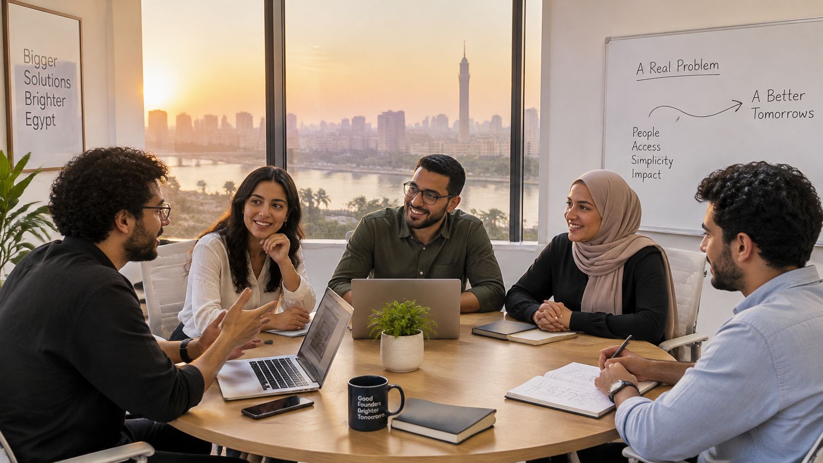 A diverse group of professional tech founders collaborating in a modern office with a sunset Cairo view.