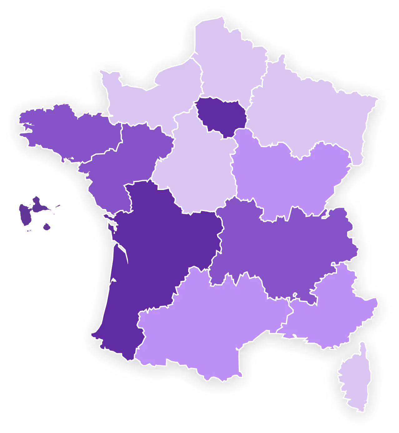 Carte de la France métropolitaine avec les régions délimitées et colorées en différentes nuances de violet.