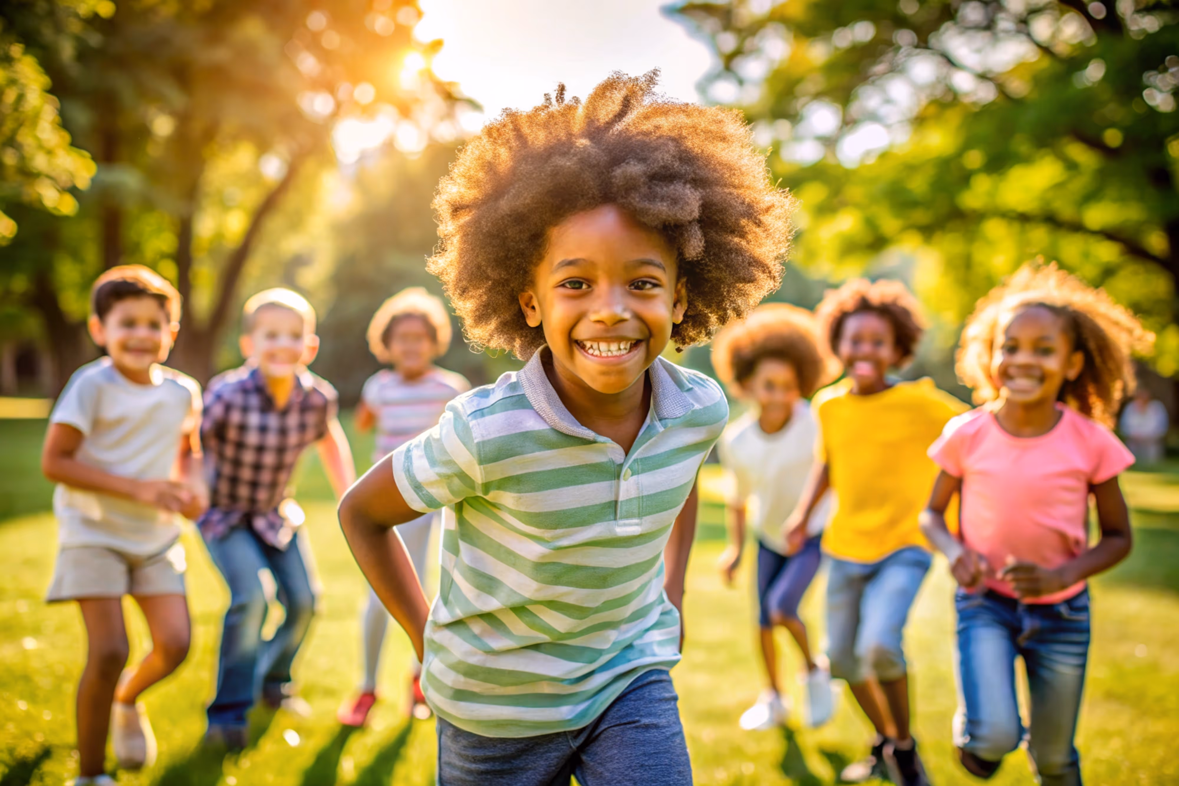 Group of happy children running and playing outside in a sunny green park.