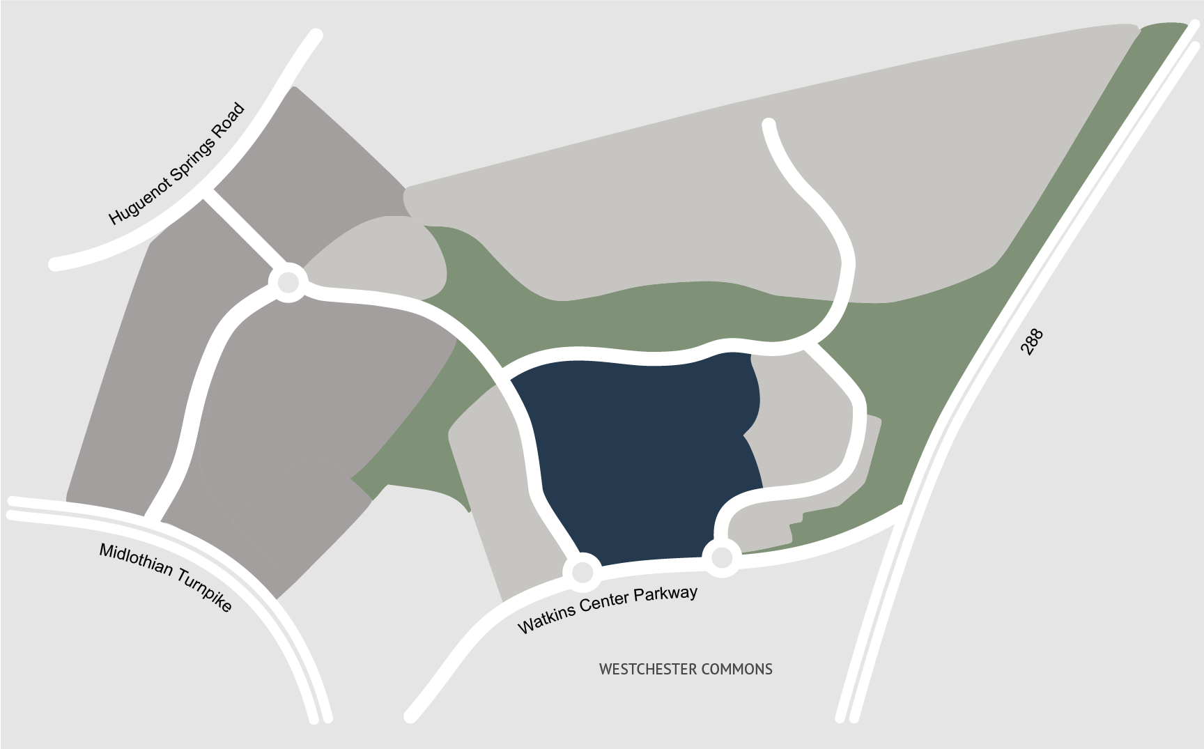Simplified Aire community map showing roads Huguenot Springs Road, Midlothian Turnpike, Watkins Center Parkway, and 288 surrounding sections of land with various shading.