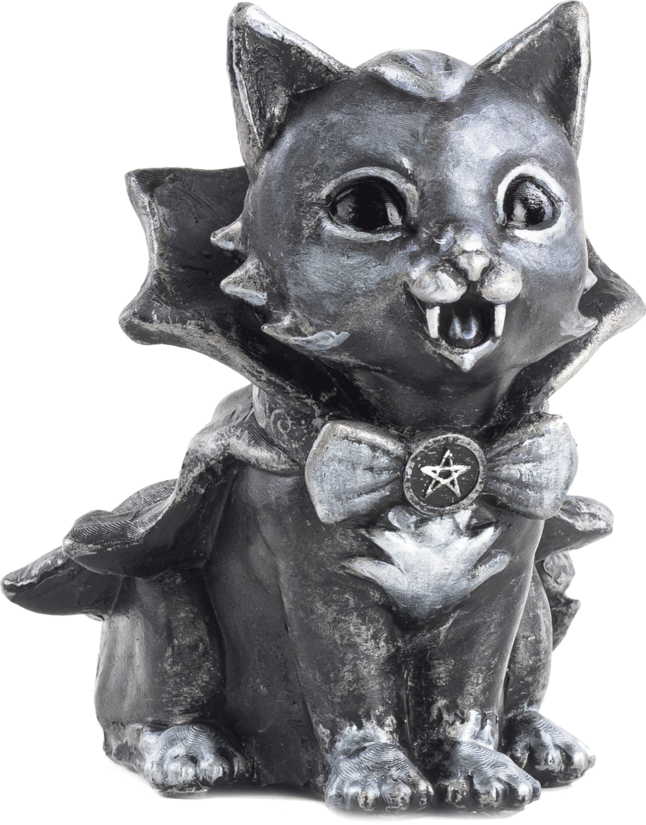 Vampire cat Hexenpet figurine with pointed ears, fangs, a cape and a pentagram pendant.