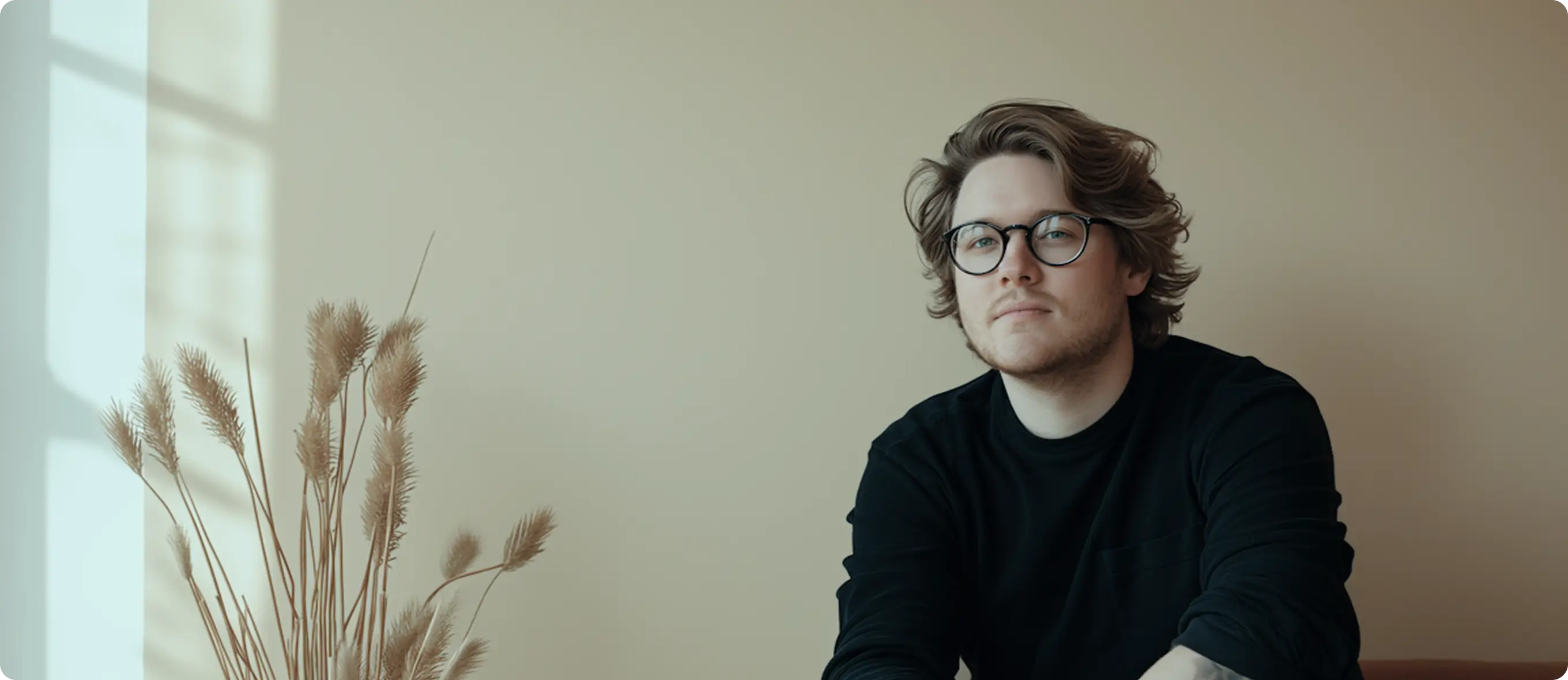 Young man with glasses and wavy hair wearing a black sweater sitting next to a beige wall with dried plants.