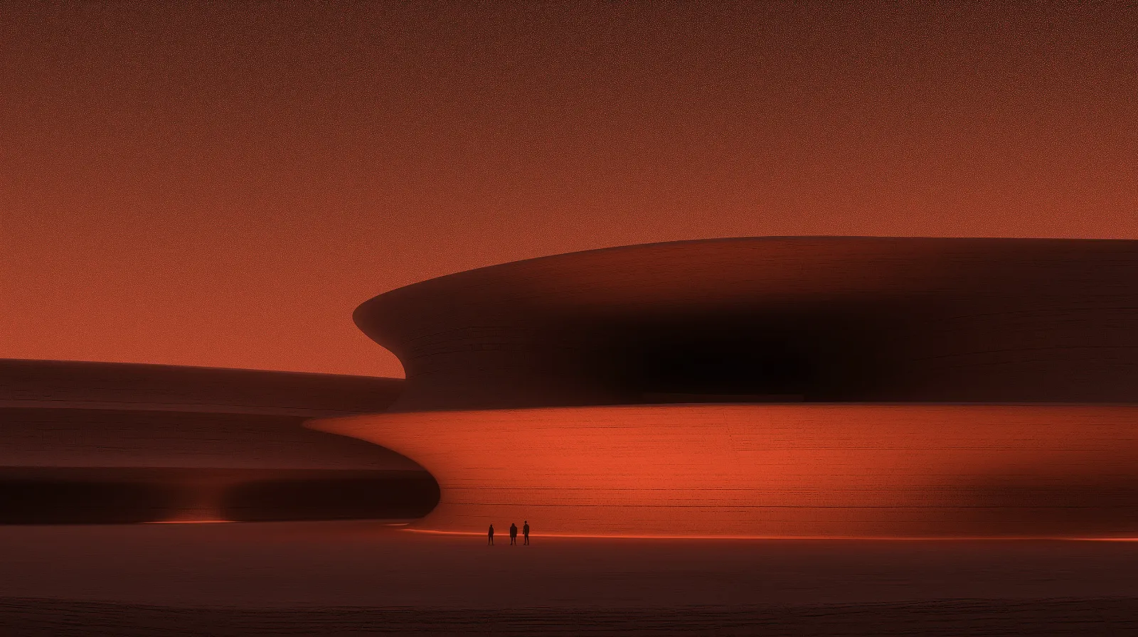 Three small figures standing near a large, smooth, curved red structure that glows softly in a minimalist, surreal landscape.
