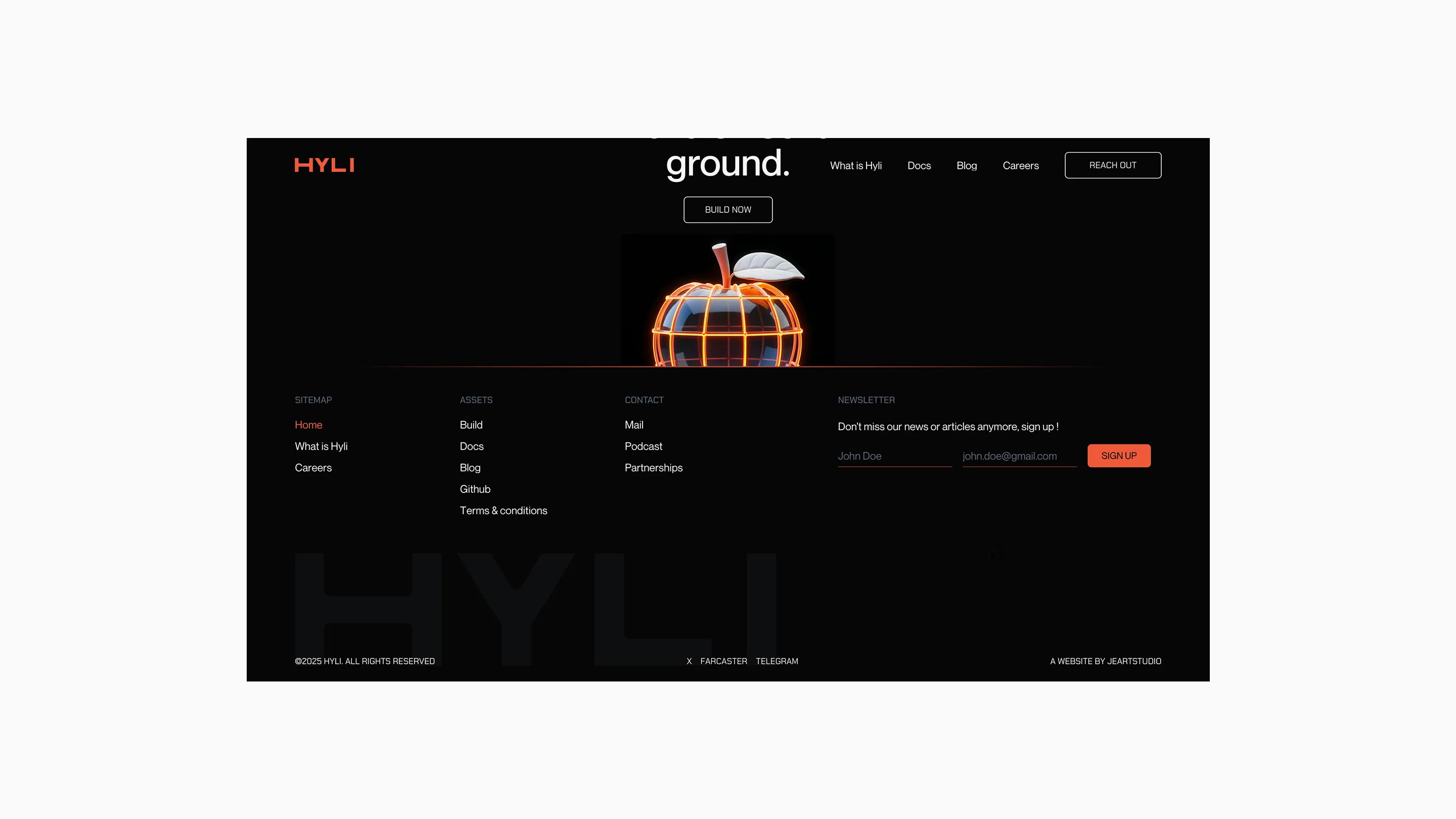 Website footer with navigation links, newsletter sign-up, and a glowing apple logo with an orange grid pattern and leaf.