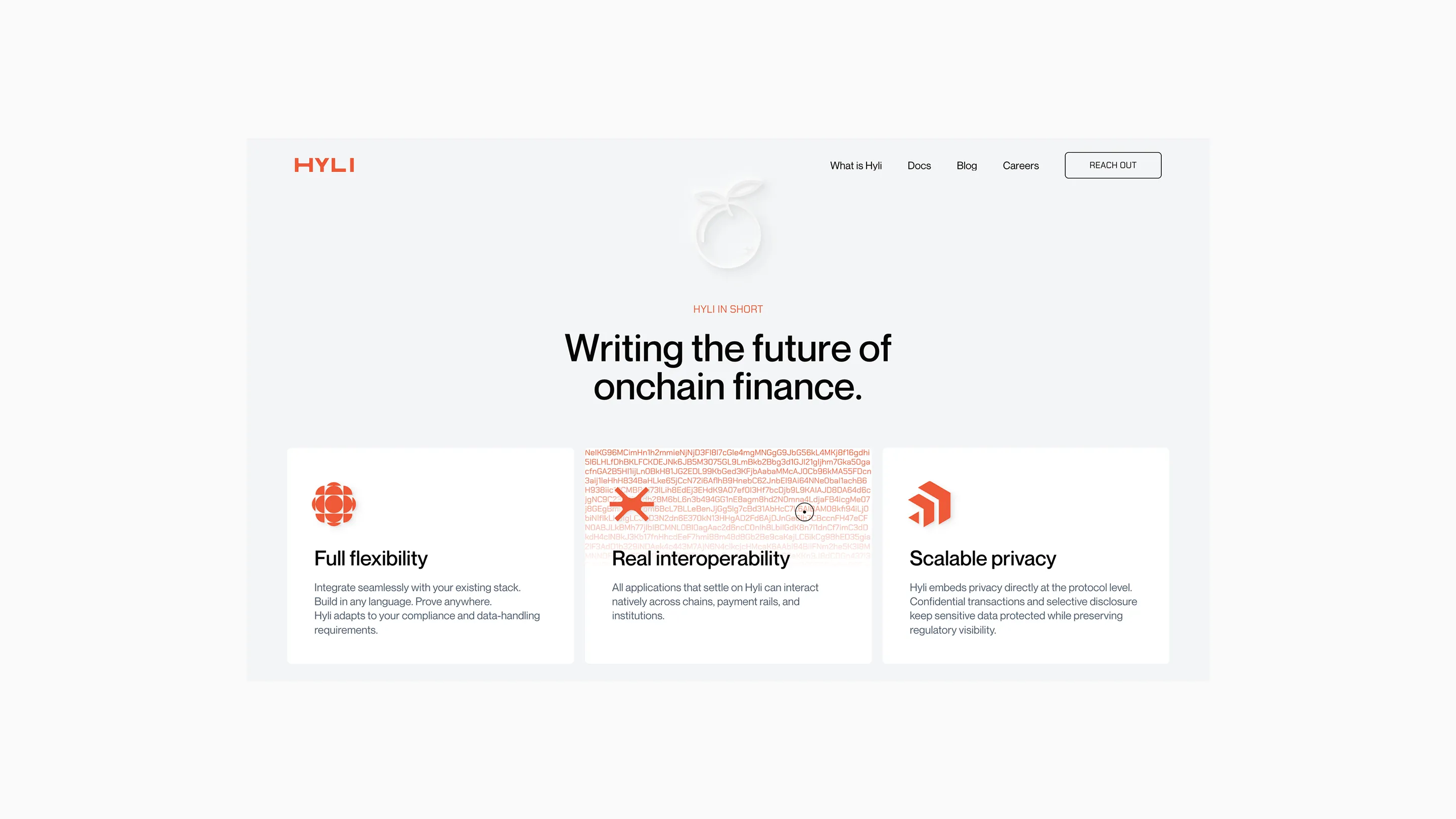 Page d'accueil du site Hyli présentant le slogan «Écrire l'avenir de la finance onchain» et trois avantages : flexibilité totale, interopérabilité réelle et confidentialité évolutive.