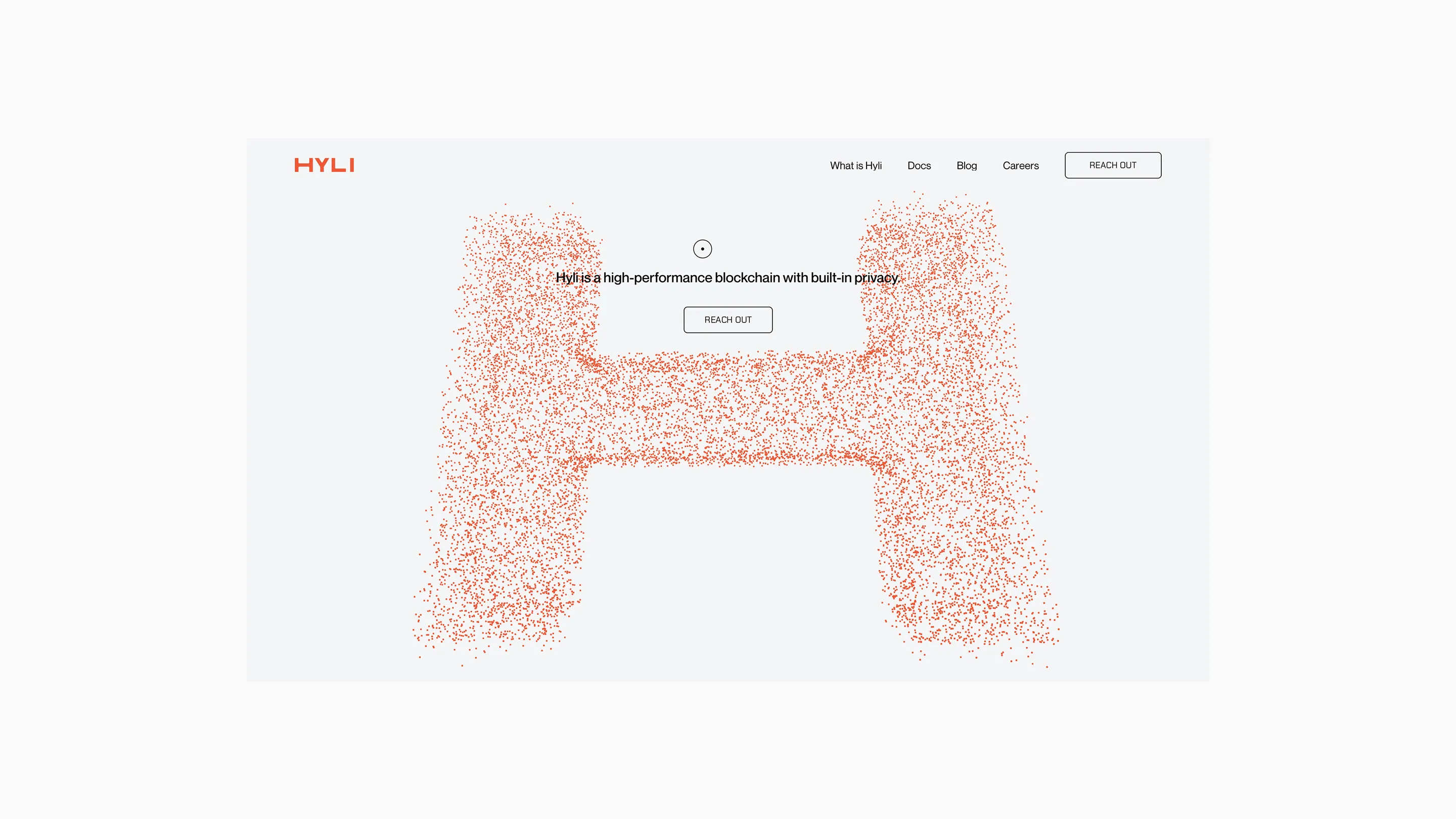 Page d'accueil de Hyli montrant un grand H formé par de petits points rouges, avec un slogan sur la blockchain haute performance et un bouton 'Contactez-nous'.