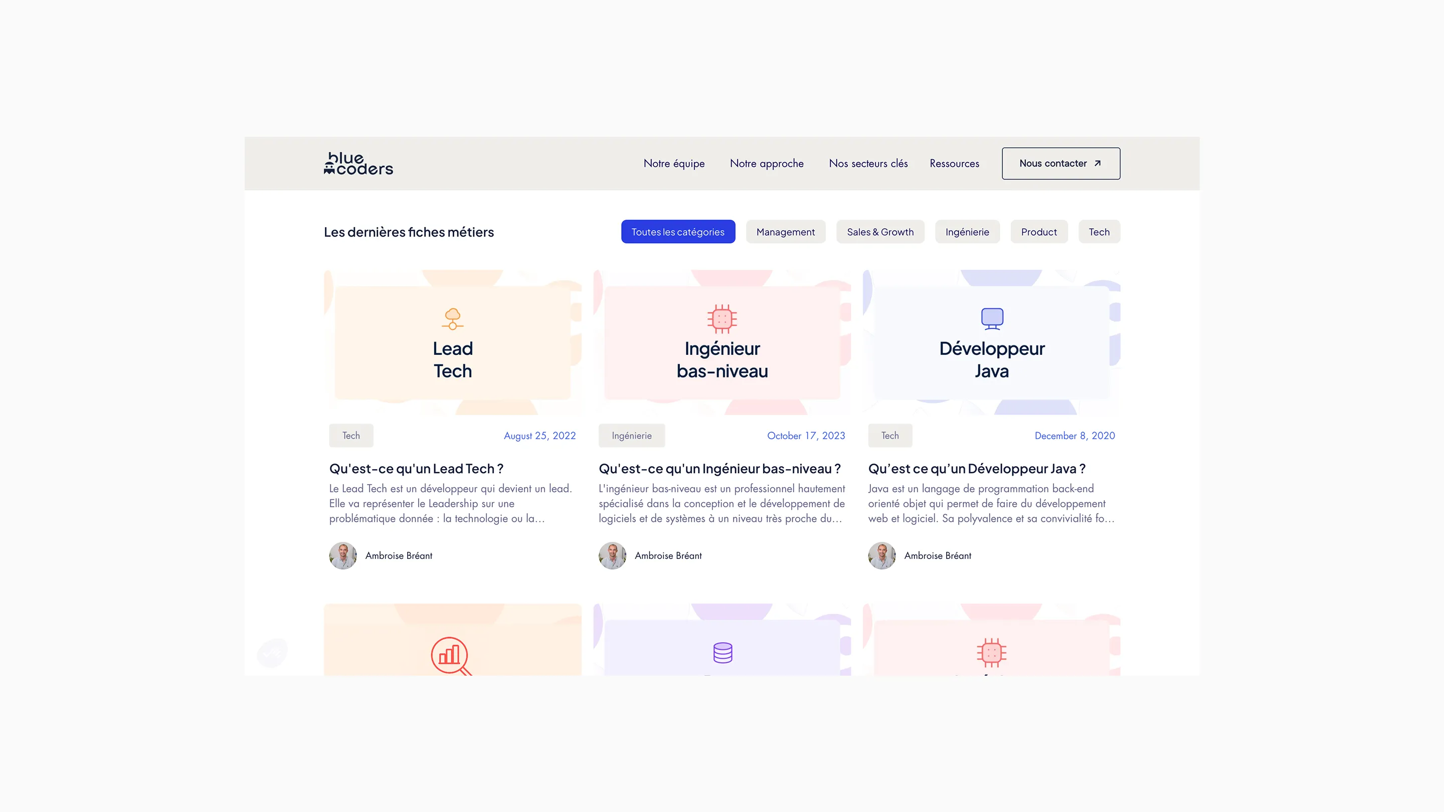 Webpage section listing job descriptions for Lead Tech, Low-level Engineer, and Java Developer with publication dates and author names.