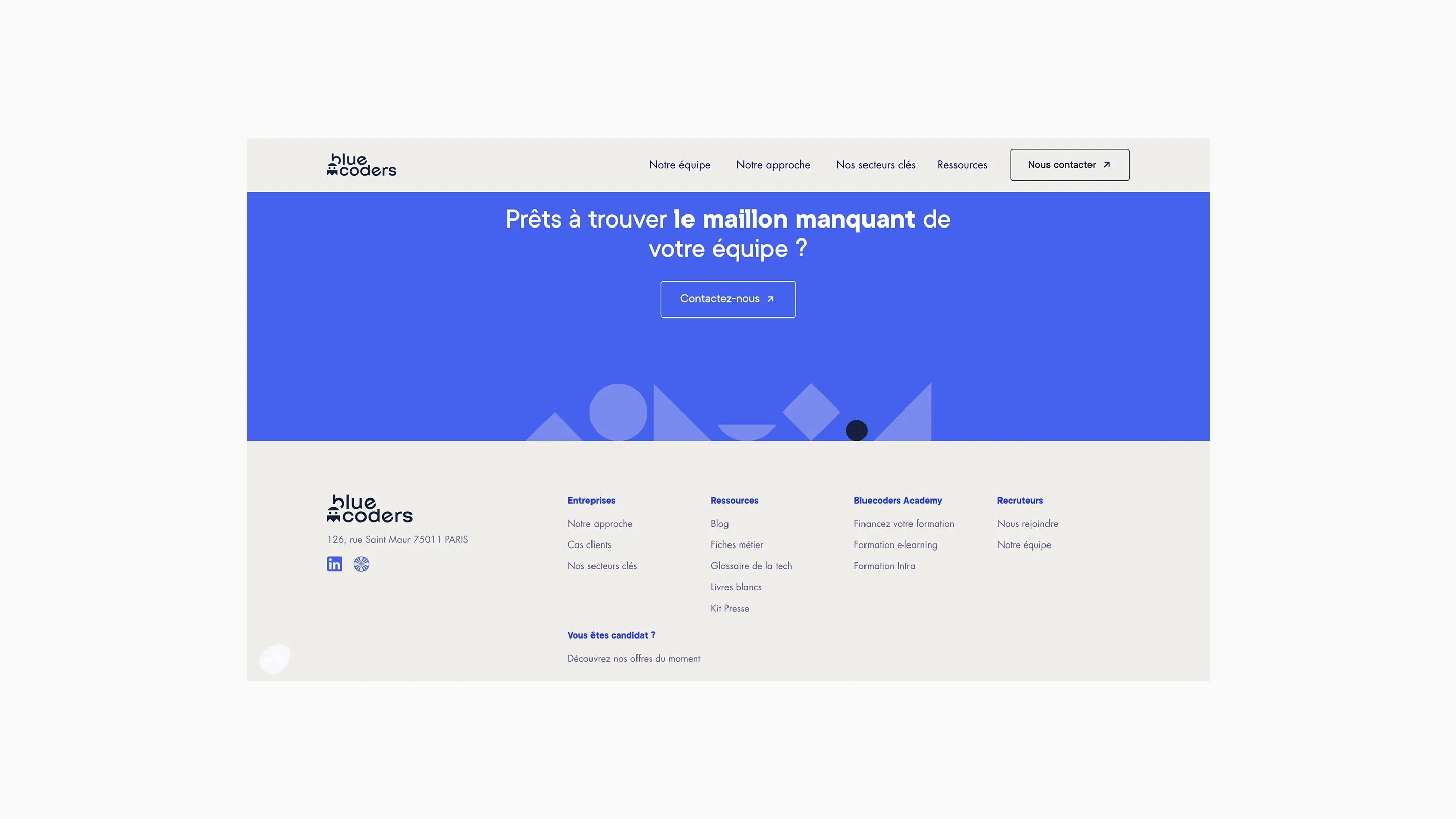 Page d'accueil Bluecoders avec slogan prêt à trouver le maillon manquant de votre équipe et bouton contactez-nous.
