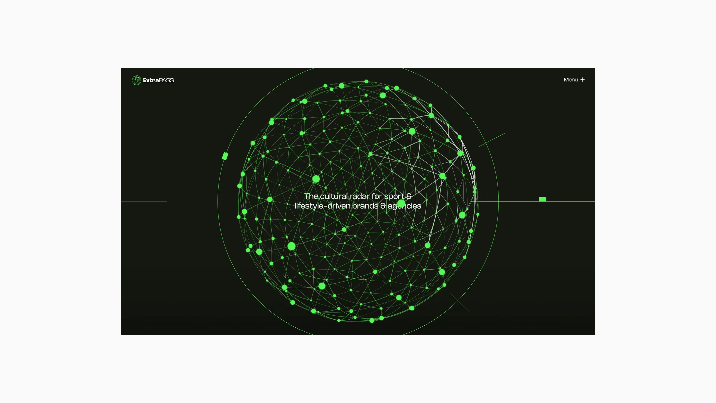 Digital green network globe with connected dots and lines on black background with text: The cultural radar for sports lifestyle-driven brands & agencies.