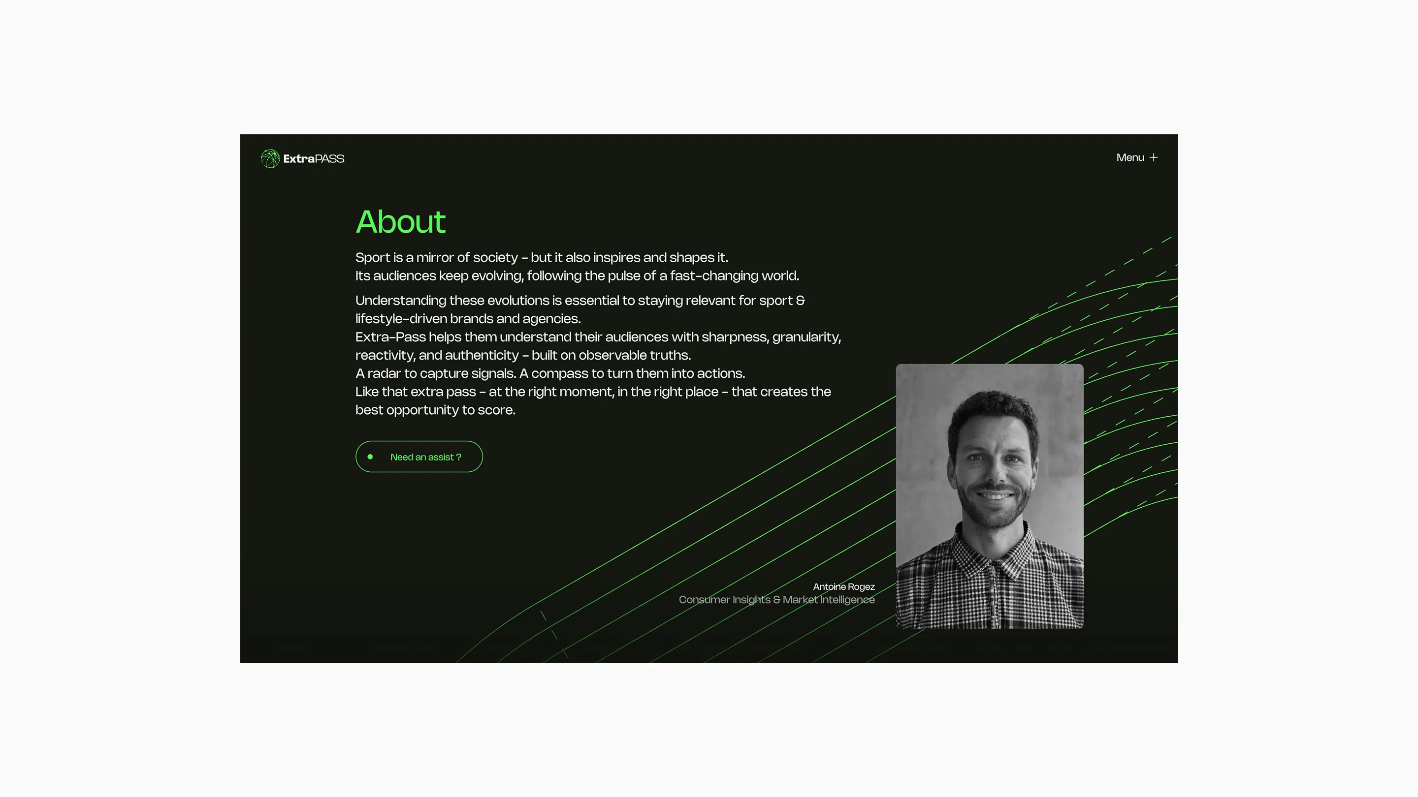 Website about section with green text on black background explaining Extra-PASS's approach to sport audiences, featuring a photo of a smiling man in a checkered shirt identified as Antoine Rogez, Consumer Insights & Market Intelligence.