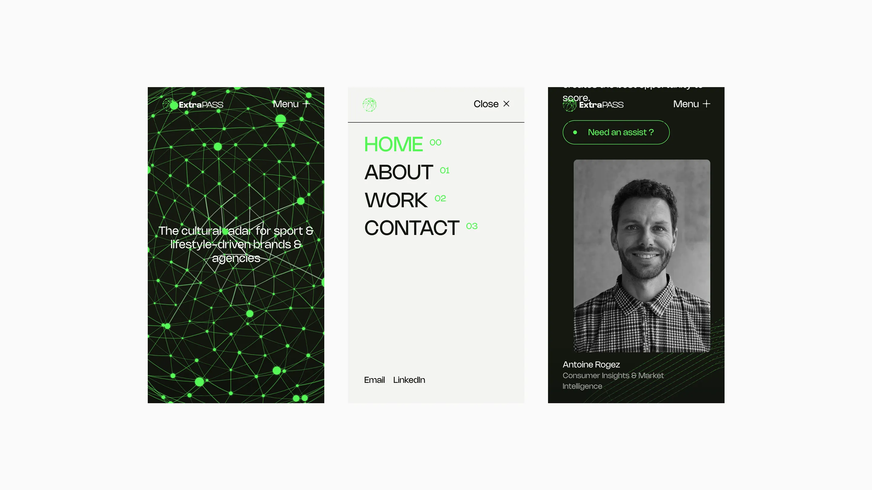 Three mobile screens showing ExtraPASS: a green connected dots background with slogan, a white menu with HOME, ABOUT, WORK, CONTACT, and a photo of Antoine Rogez with title Consumer Insights & Market Intelligence.