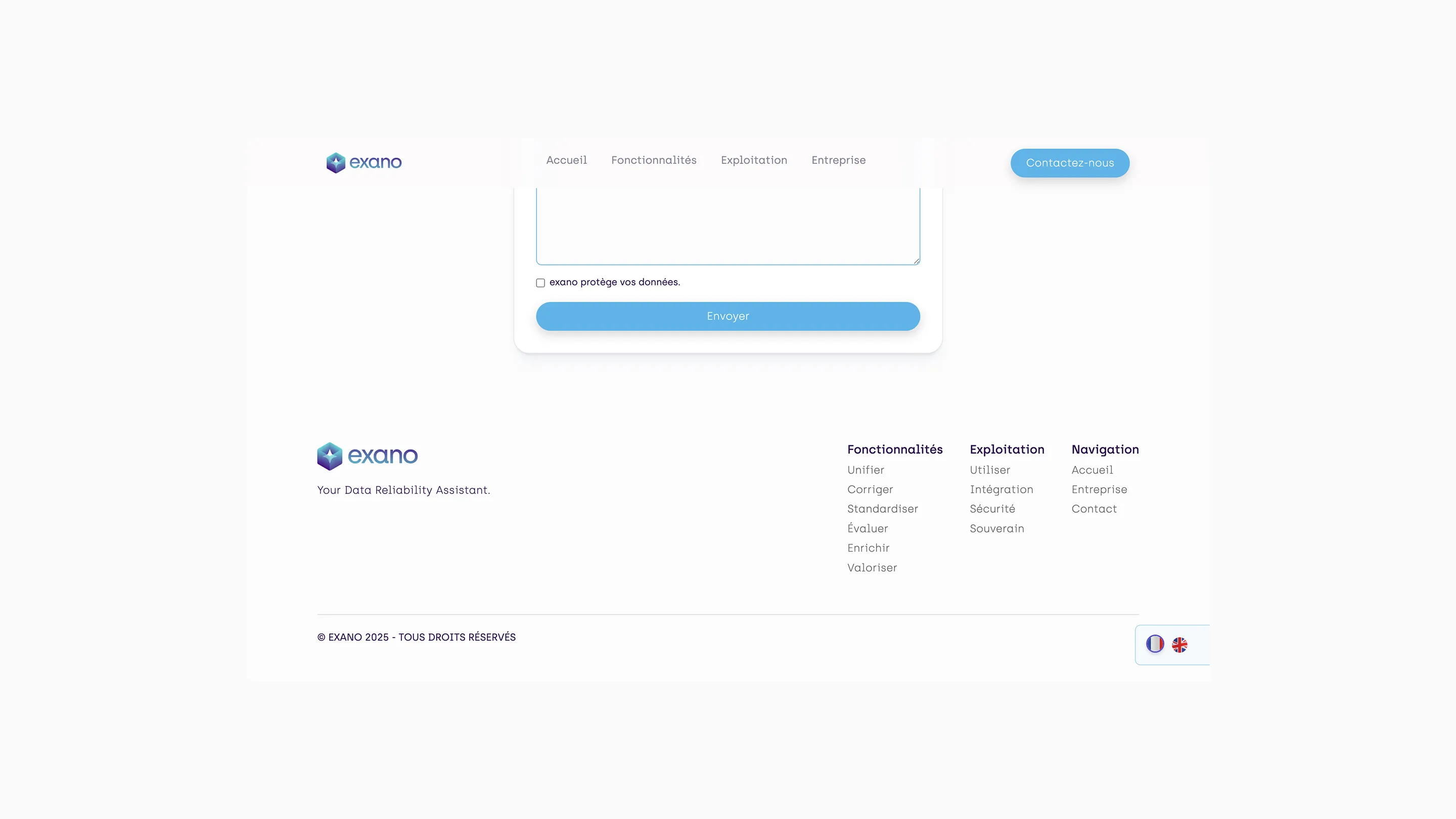 Website footer with Exano logo, tagline 'Your Data Reliability Assistant,' navigation links for features, operations, and site sections, and language toggle.