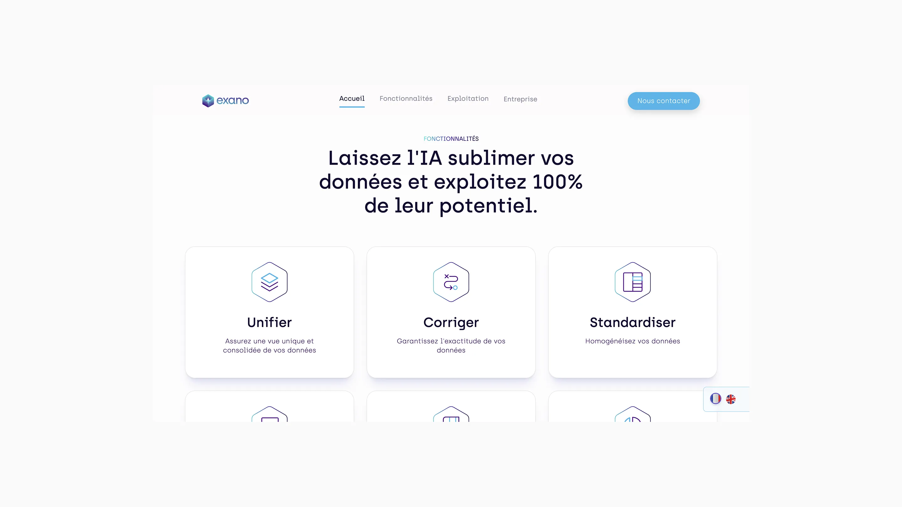 Page d'accueil du site Exano présentant trois fonctionnalités : Unifier, Corriger, Standardiser les données avec des icônes correspondantes.