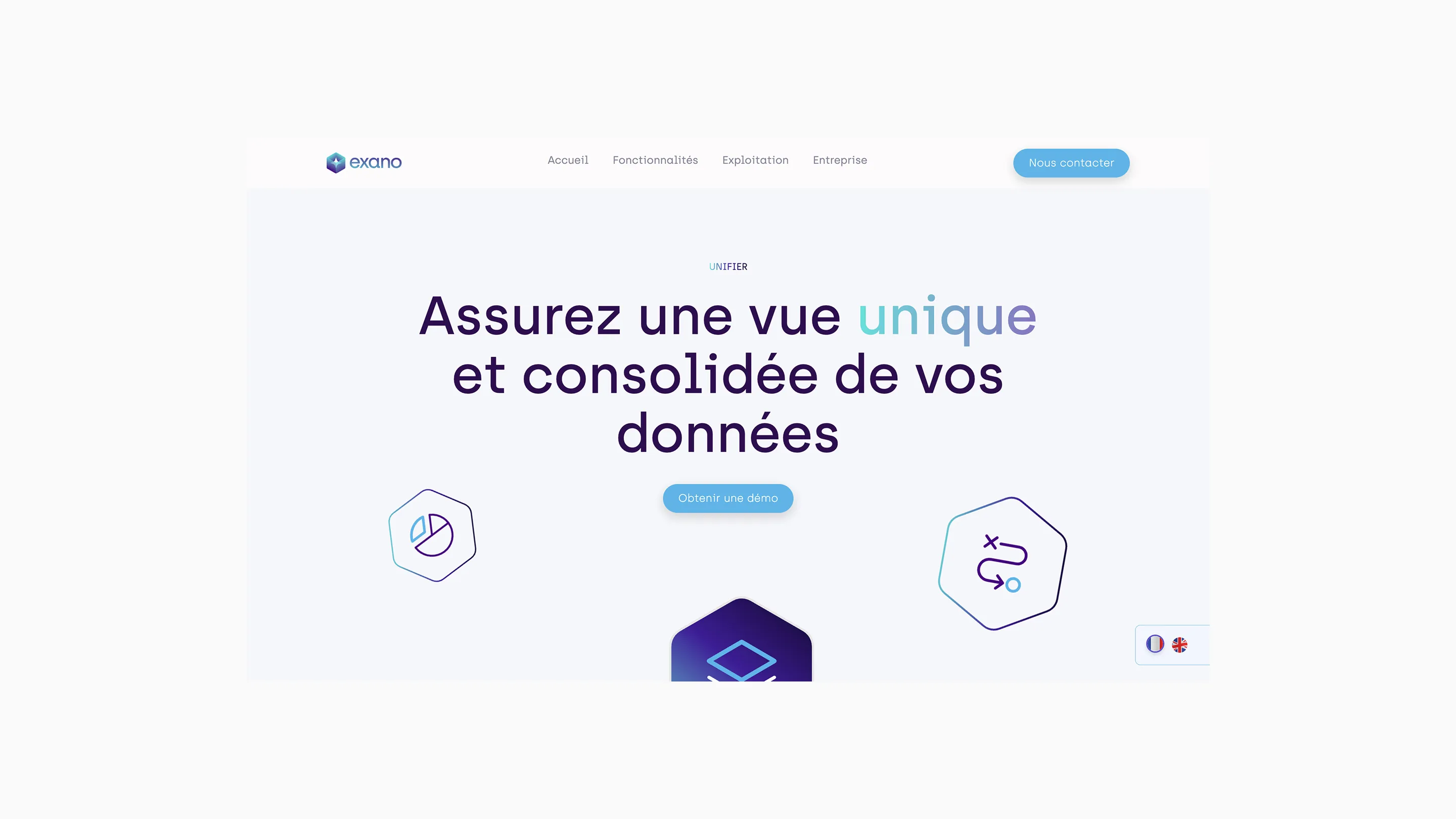 Page d'accueil du site Exano avec le slogan Assurez une vue unique et consolidée de vos données et un bouton Obtenir une démo.