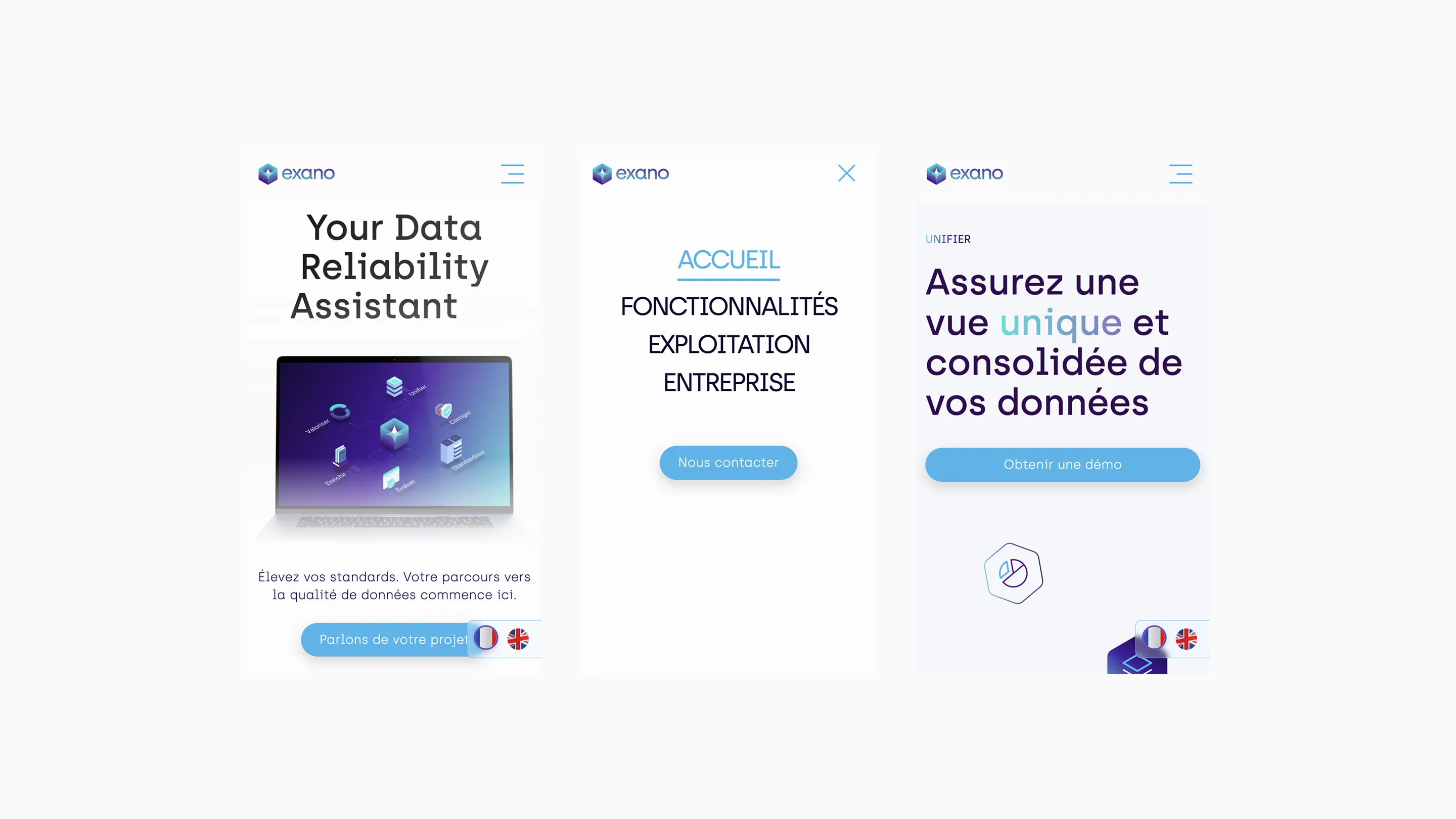 Trois écrans de l'interface mobile d'Exano affichant un assistant de fiabilité des données, un menu avec les options Accueil, Fonctionnalités, Exploitation et Entreprise, et un appel à assurer une vue unique et consolidée des données avec un bouton pour demander une démo.