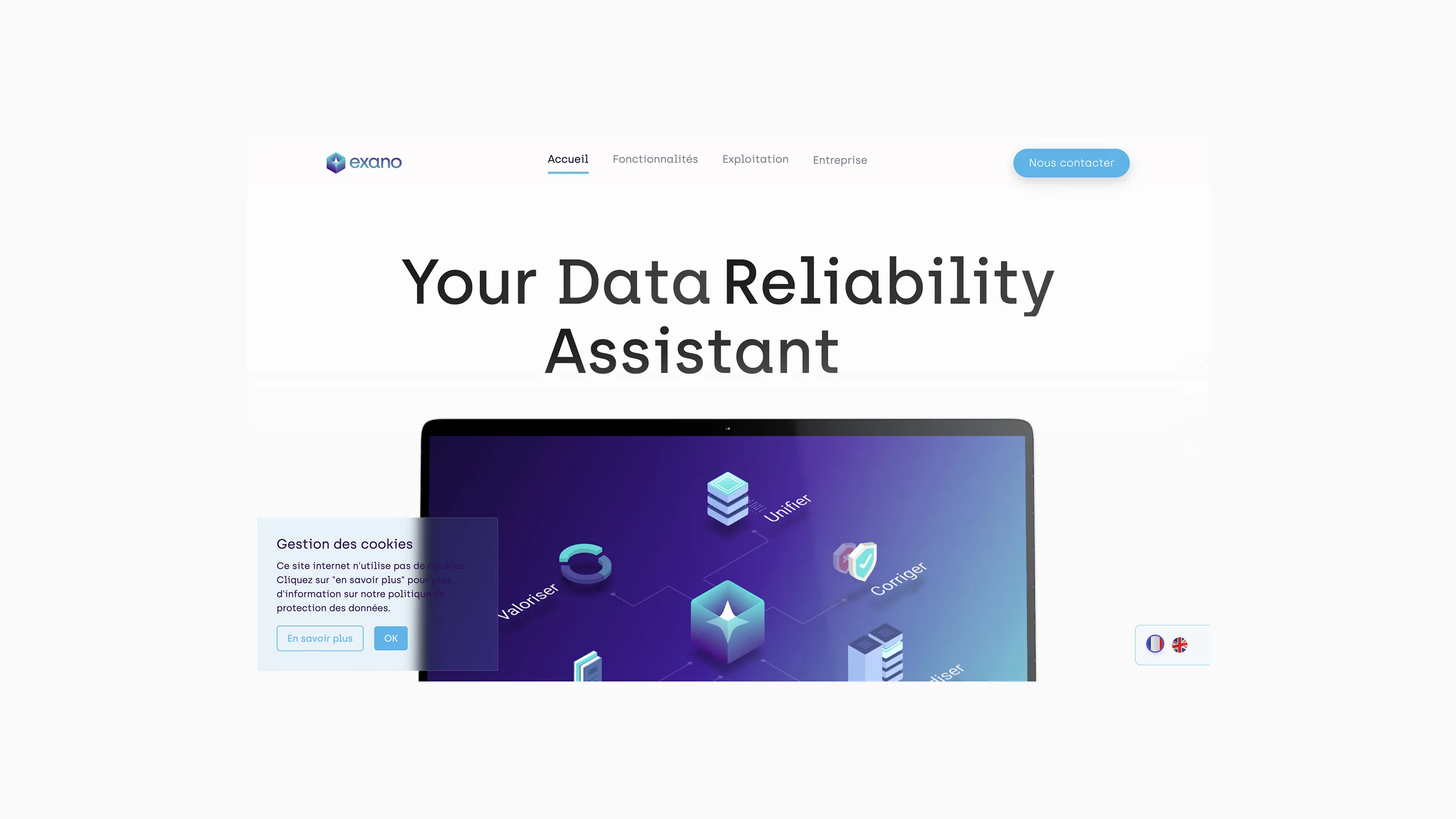 Page d'accueil du site Exano avec le slogan Your Data Reliability Assistant et une image d'interface informatique montrant les fonctions Unifier, Valoriser et Corriger.