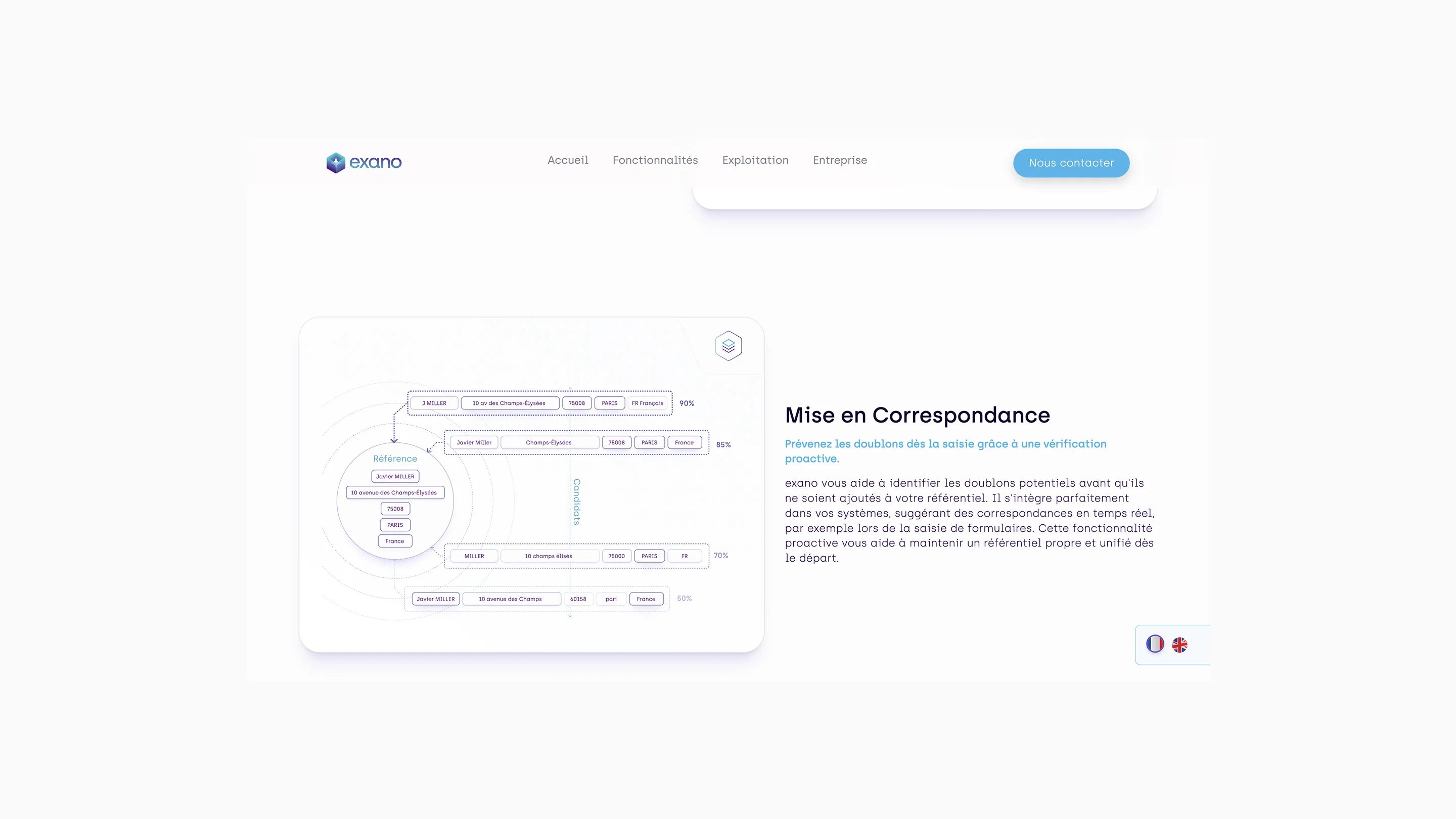 Screen showing exano software page with matching feature diagram for identifying duplicate addresses, highlighting reference and candidate addresses with similarity percentages.