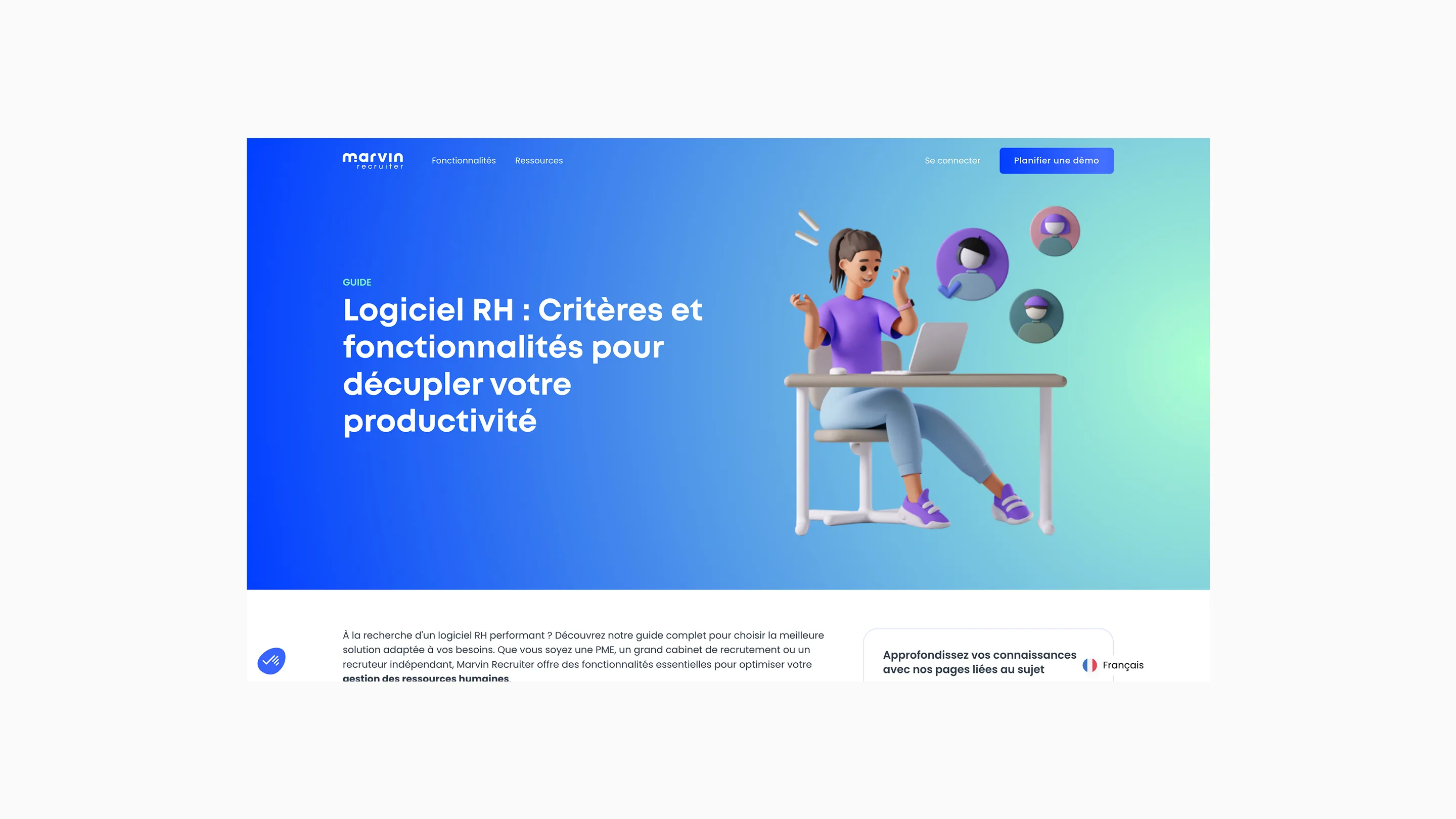 Page web de Marvin Recruiter avec un guide sur les logiciels RH, montrant une illustration d'une femme travaillant sur un ordinateur portable avec des icônes de profils autour.