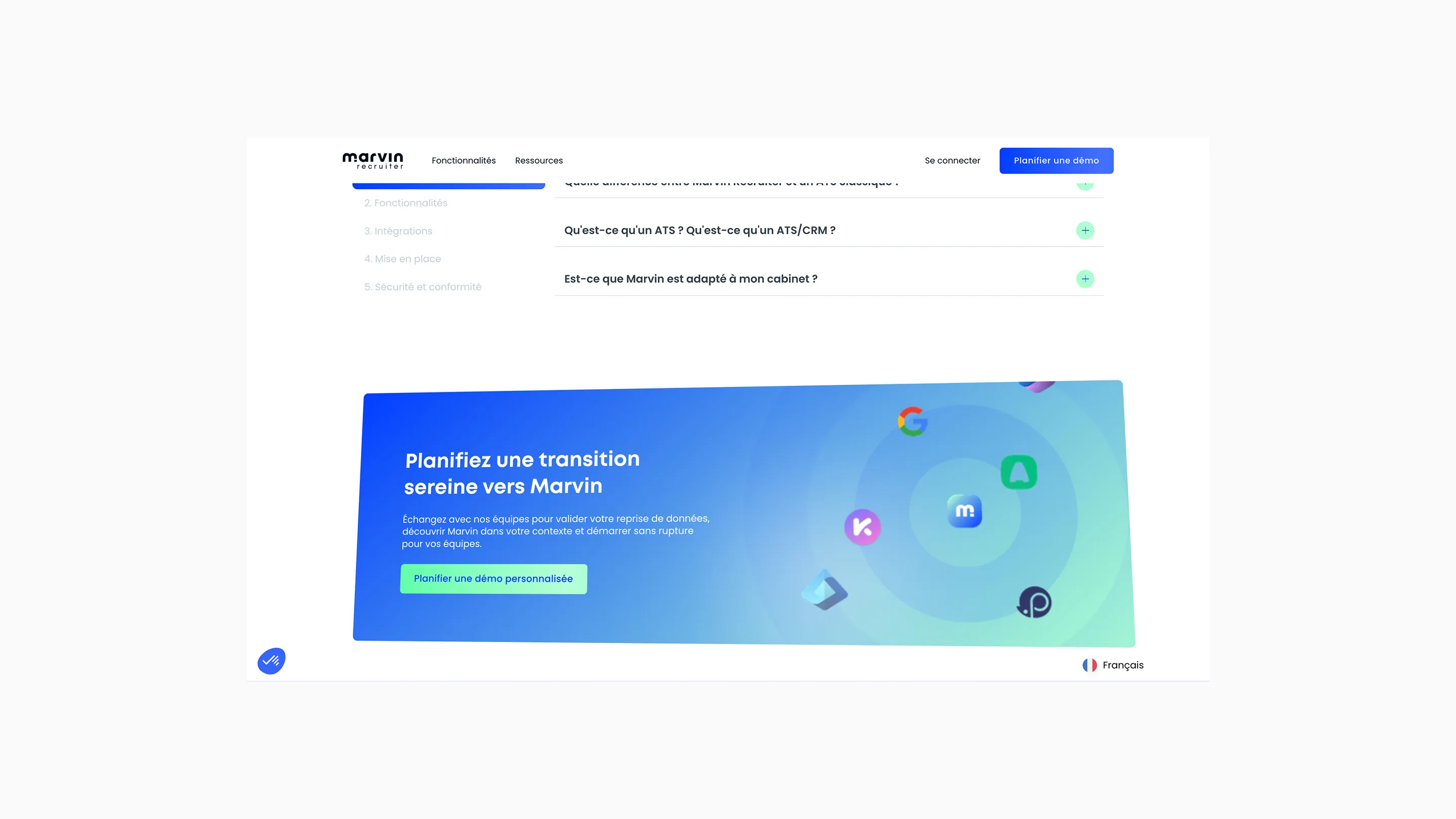 Bannière bleue dégradée avec texte invitant à planifier une transition sereine vers Marvin, avec un bouton vert et plusieurs logos d'applications flottants.