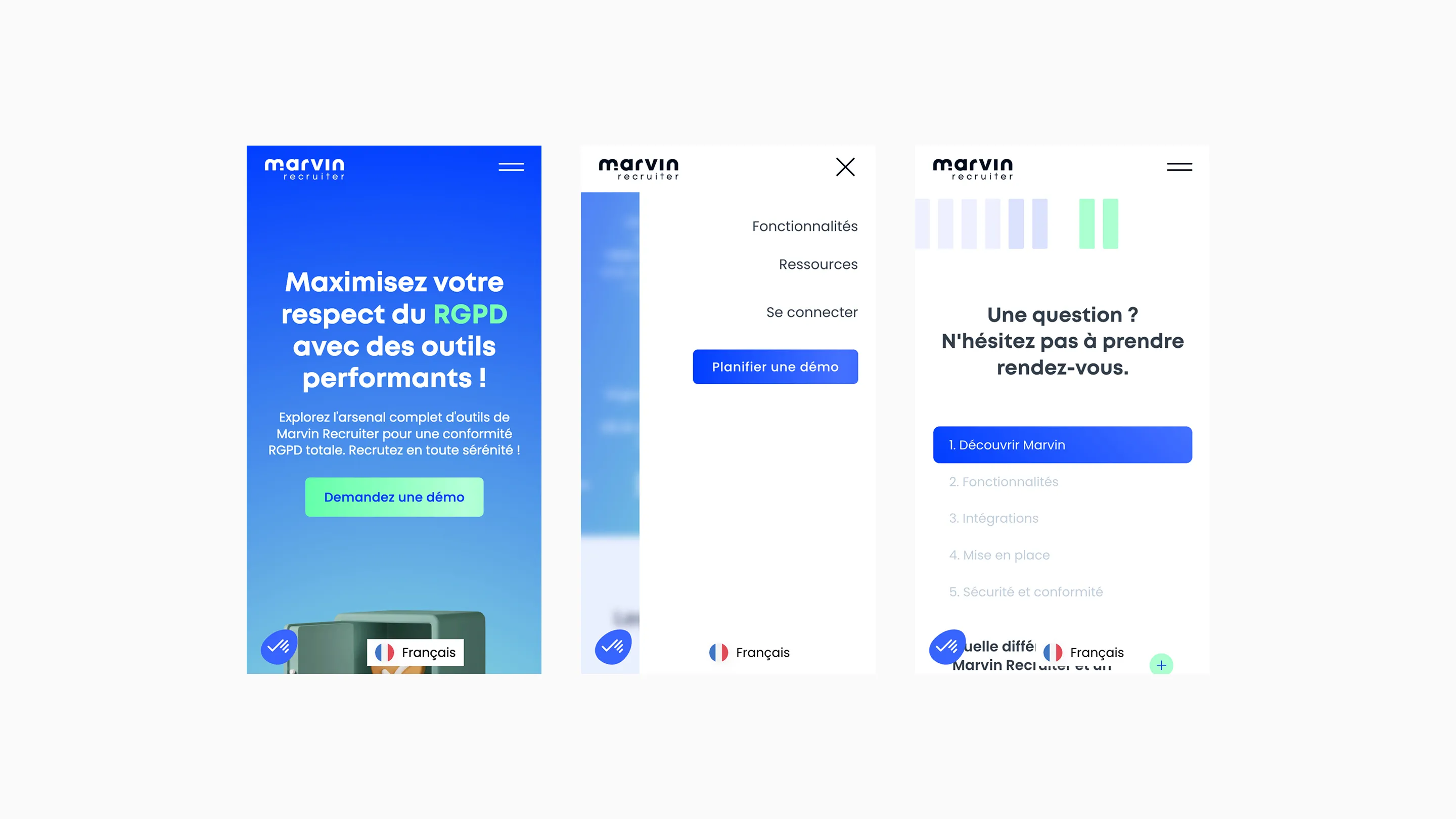 Three mobile screens showing Marvin Recruiter app interface in French including GDPR compliance message, menu options, and appointment prompt.