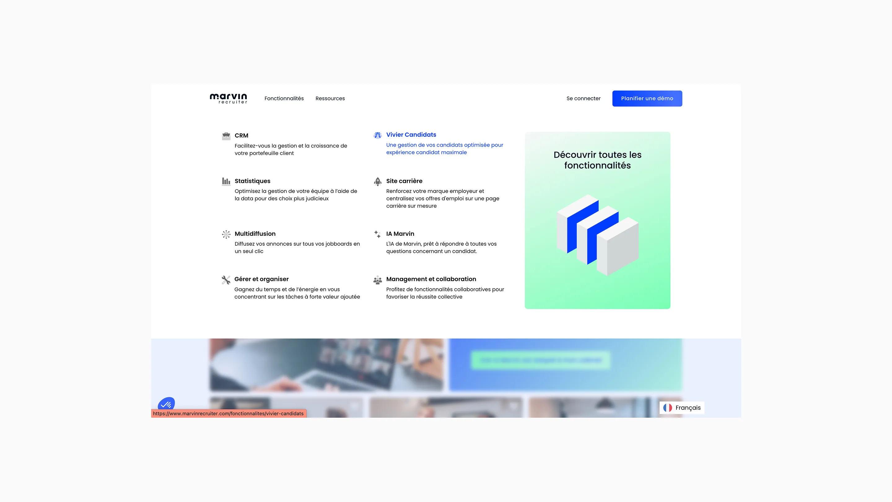 Liste des fonctionnalités du logiciel Marvin Recruiter, incluant CRM, statistiques, multidiffusion, gestion, vivier candidats, site carrière, IA Marvin, et management collaboratif.
